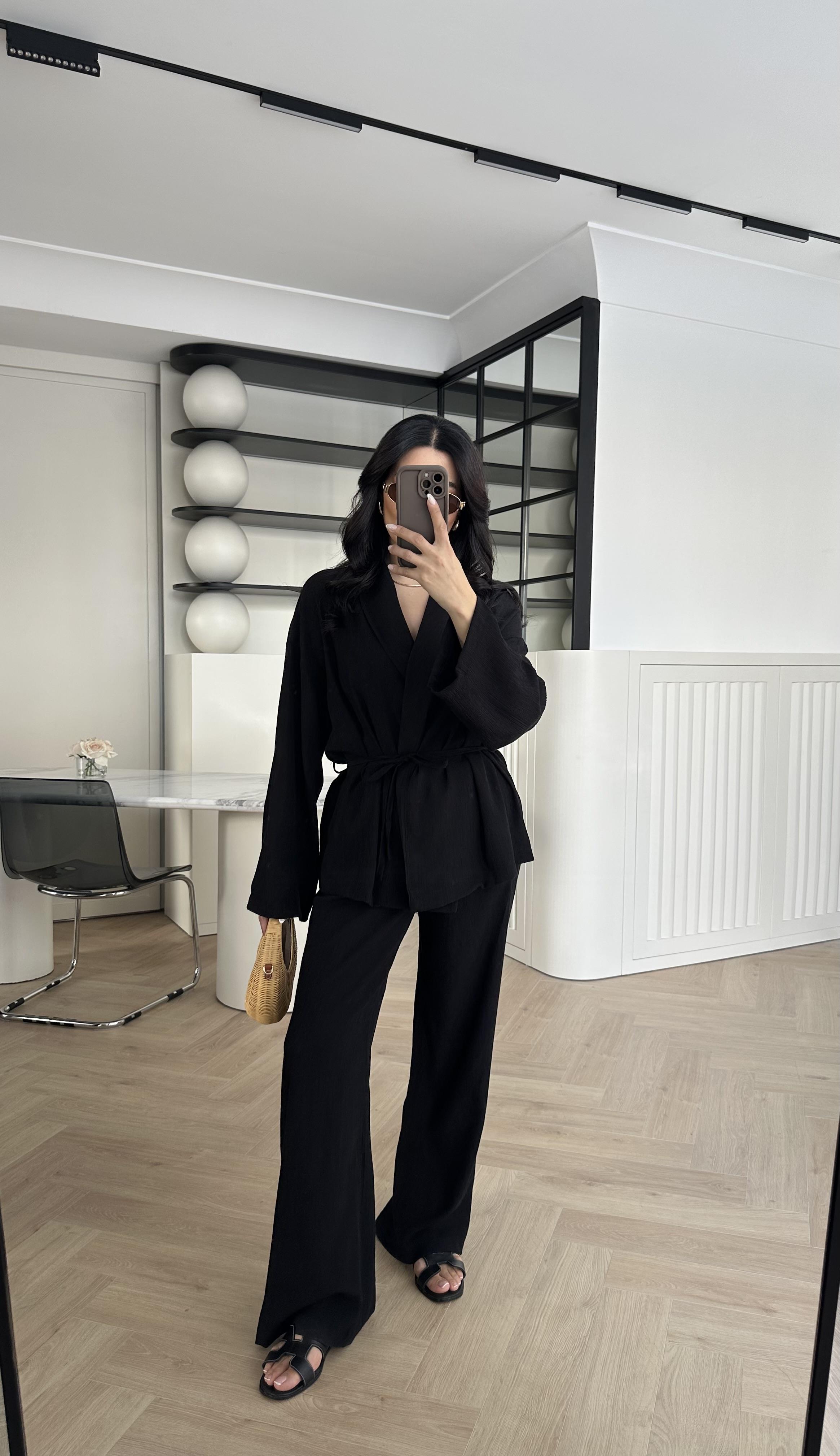 Kırınkıl Kumaş Kimono Takım Siyah 