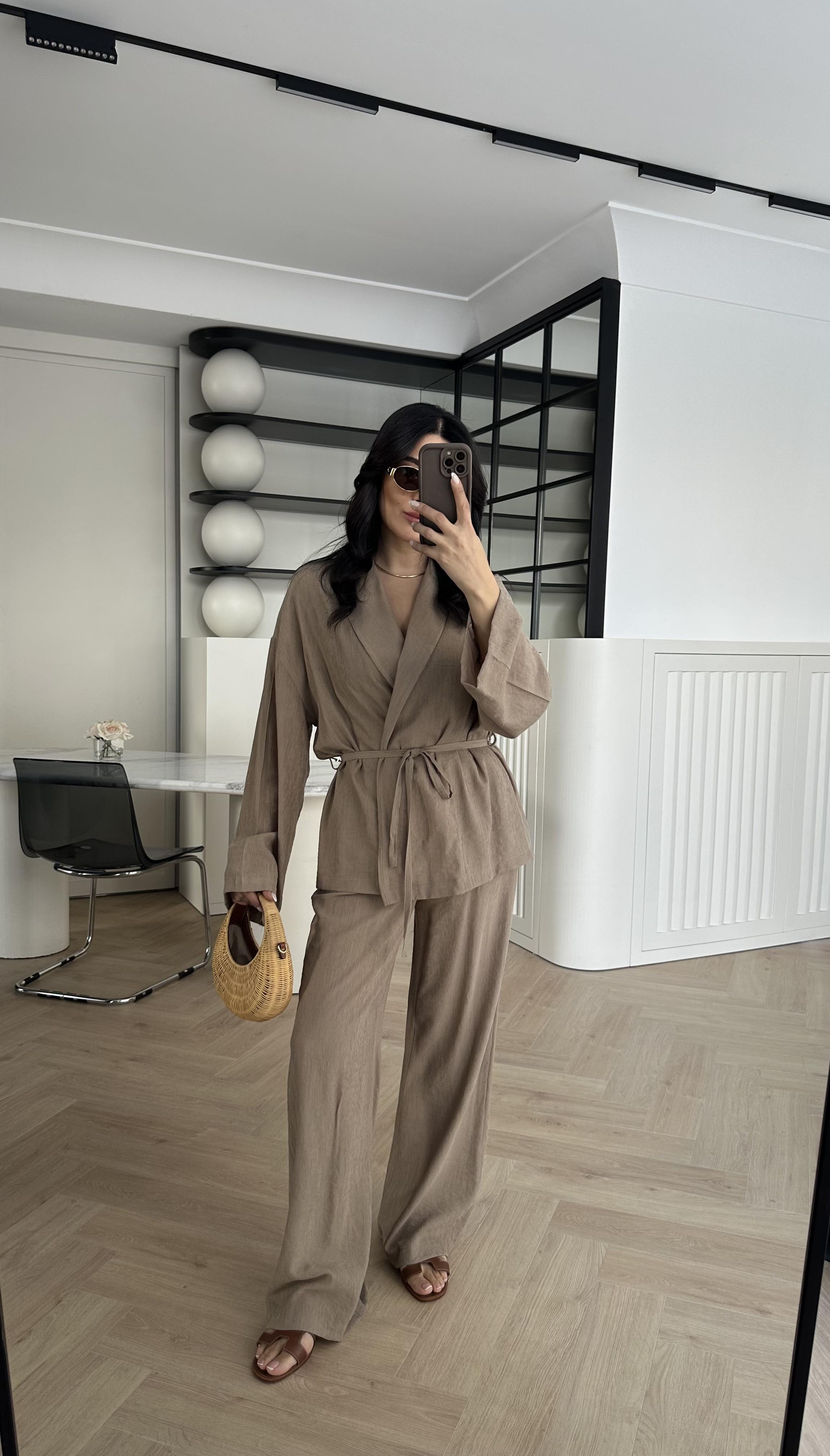 Kırınkıl Kumaş Kimono Takım Vizon