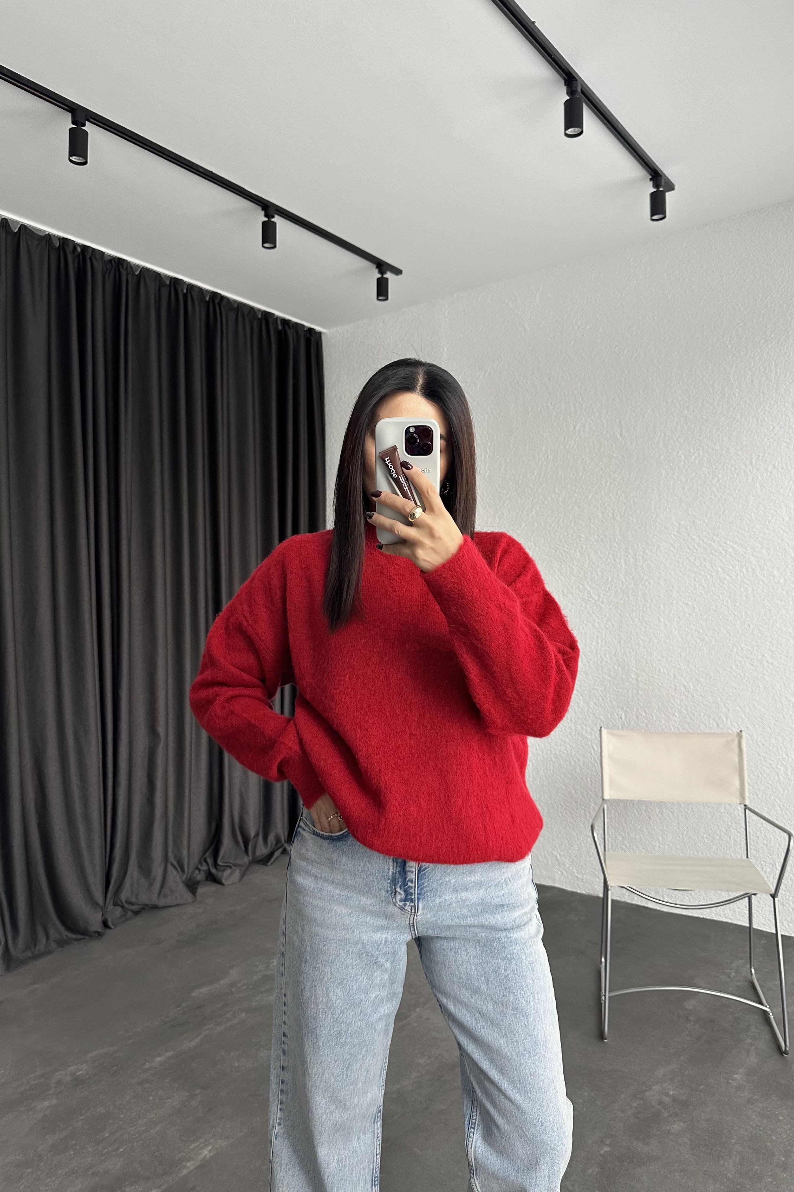Kırmızı Marka Model Bisiklet Yaka Şardonlu Basic Triko Kazak