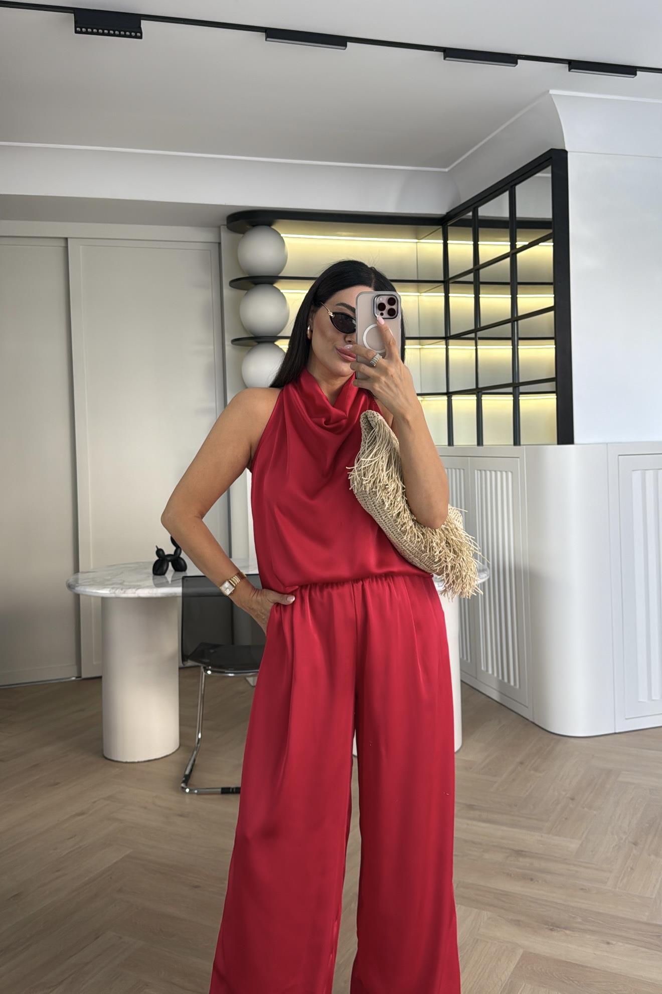 KIRMIZI SATEN BLUZ PANTOLON TAKIM