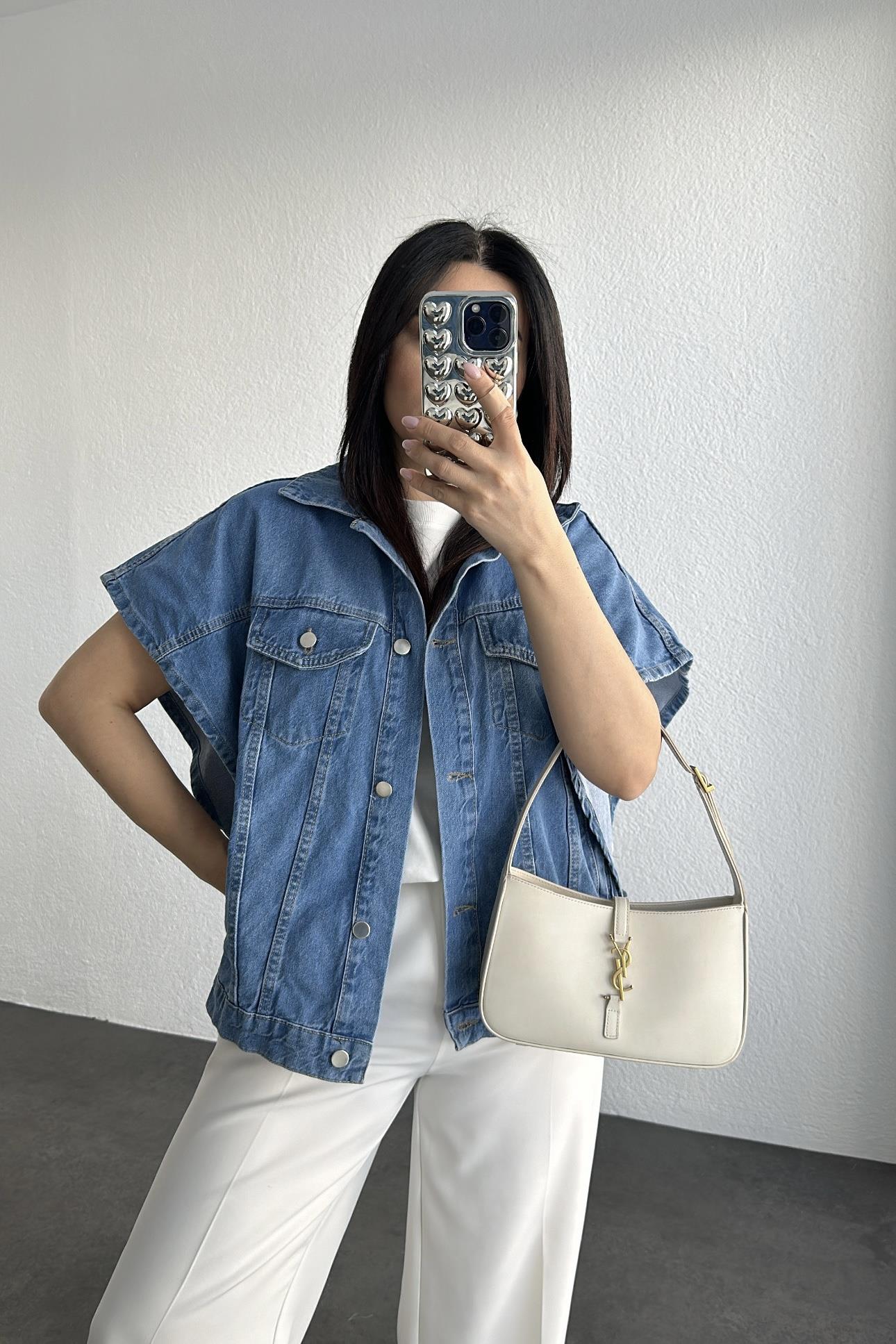 Koyu Mavi Rahat Kalıp Tasarım Denim Yelek