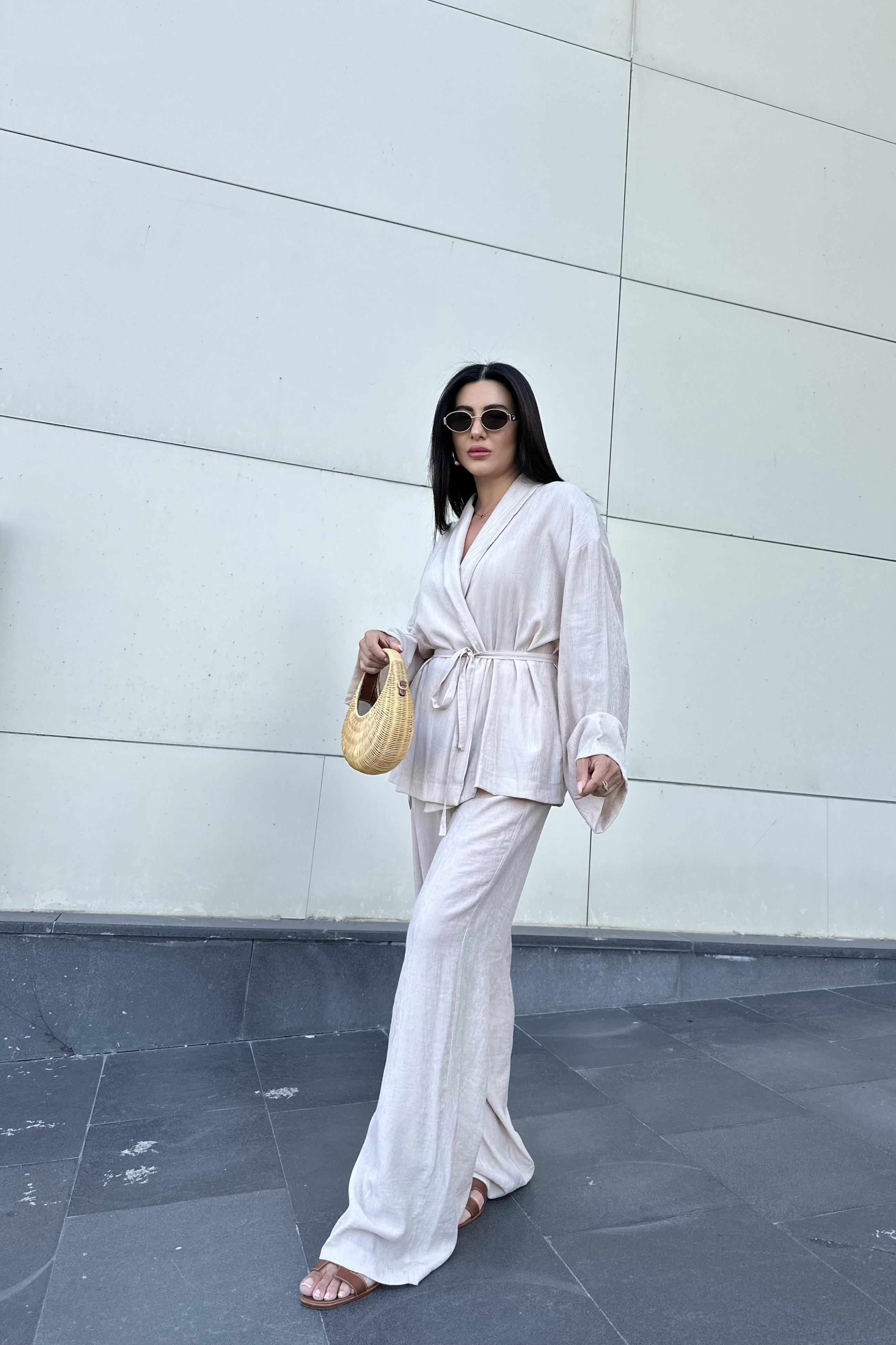 Krinkıl Kumaş Kimono Takım Turuncu Bej