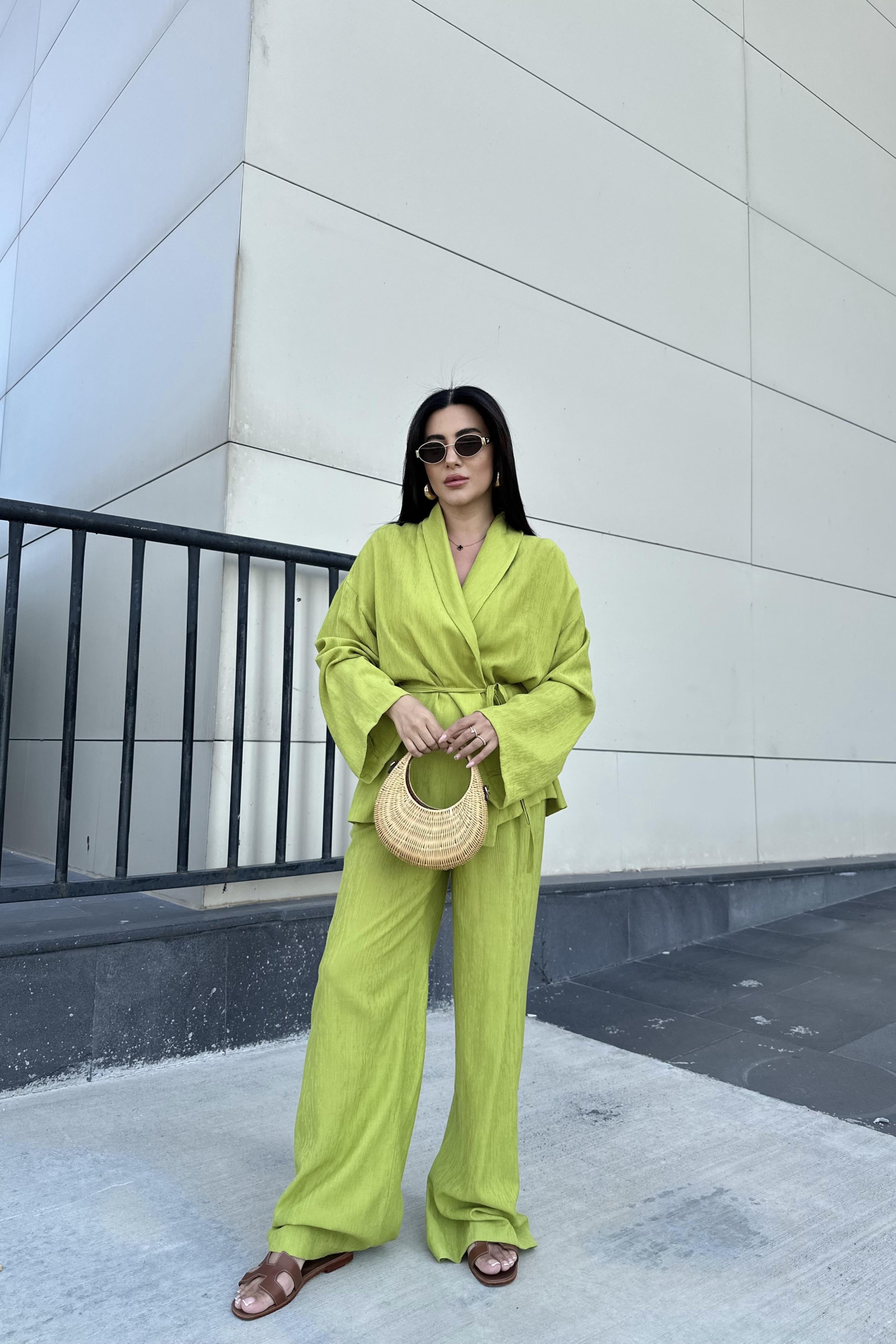 Krinkıl Kumaş Kimono Takım Yeşil