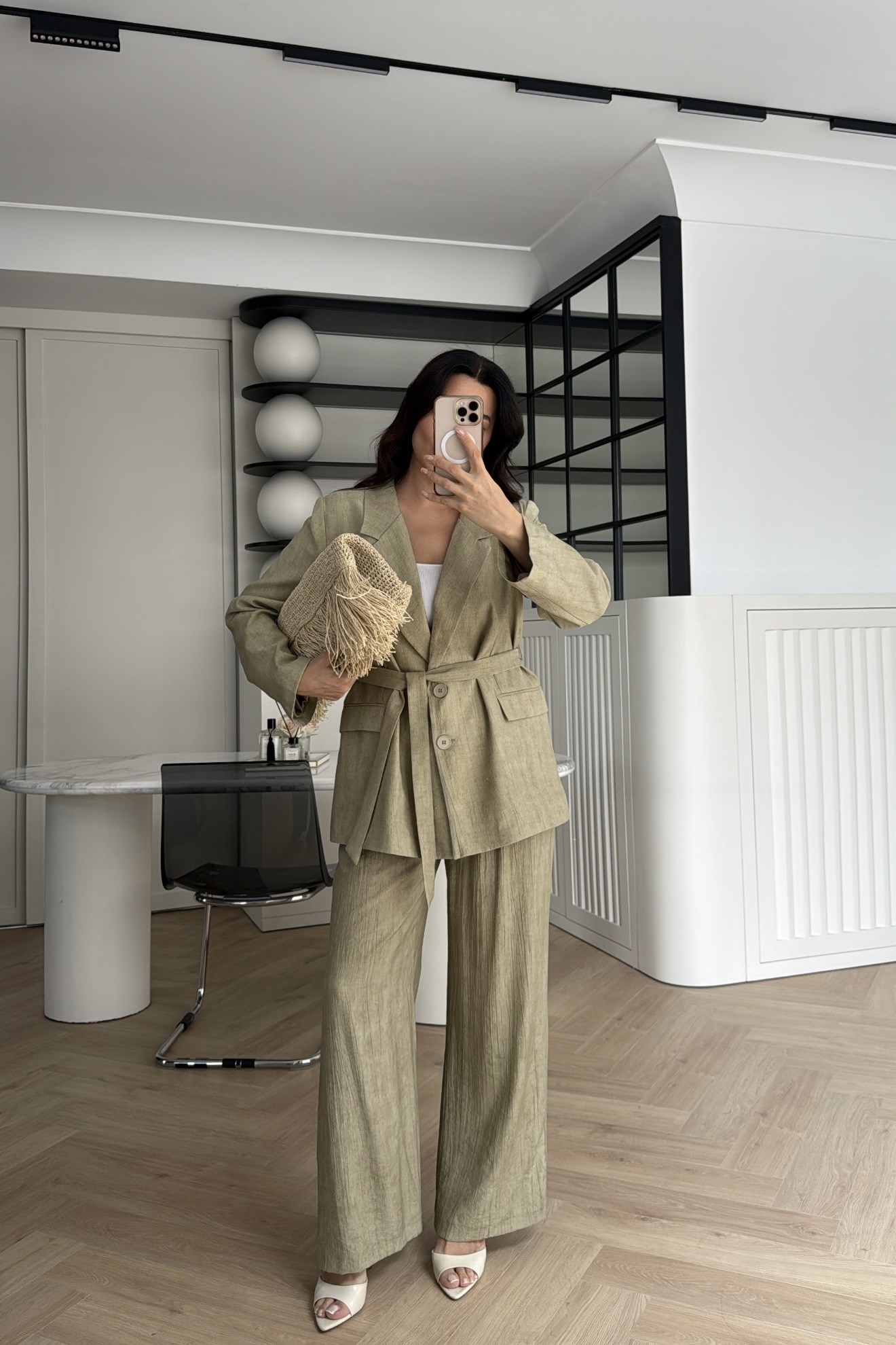KUŞAK DETAYLI KETEN BLAZER TAKIM OLIVE
