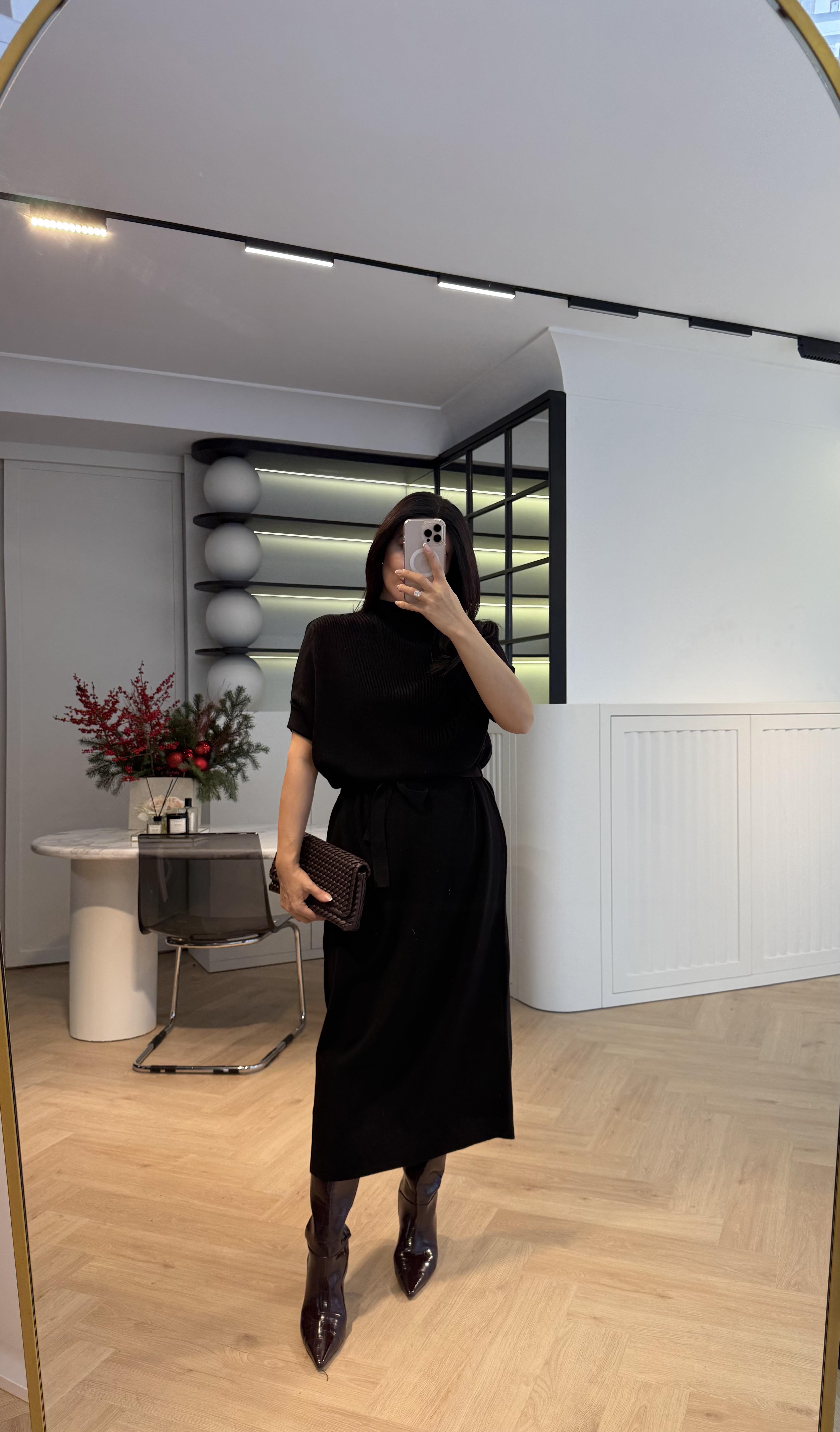 KUŞAKLI TRİKO ELBİSE SİYAH