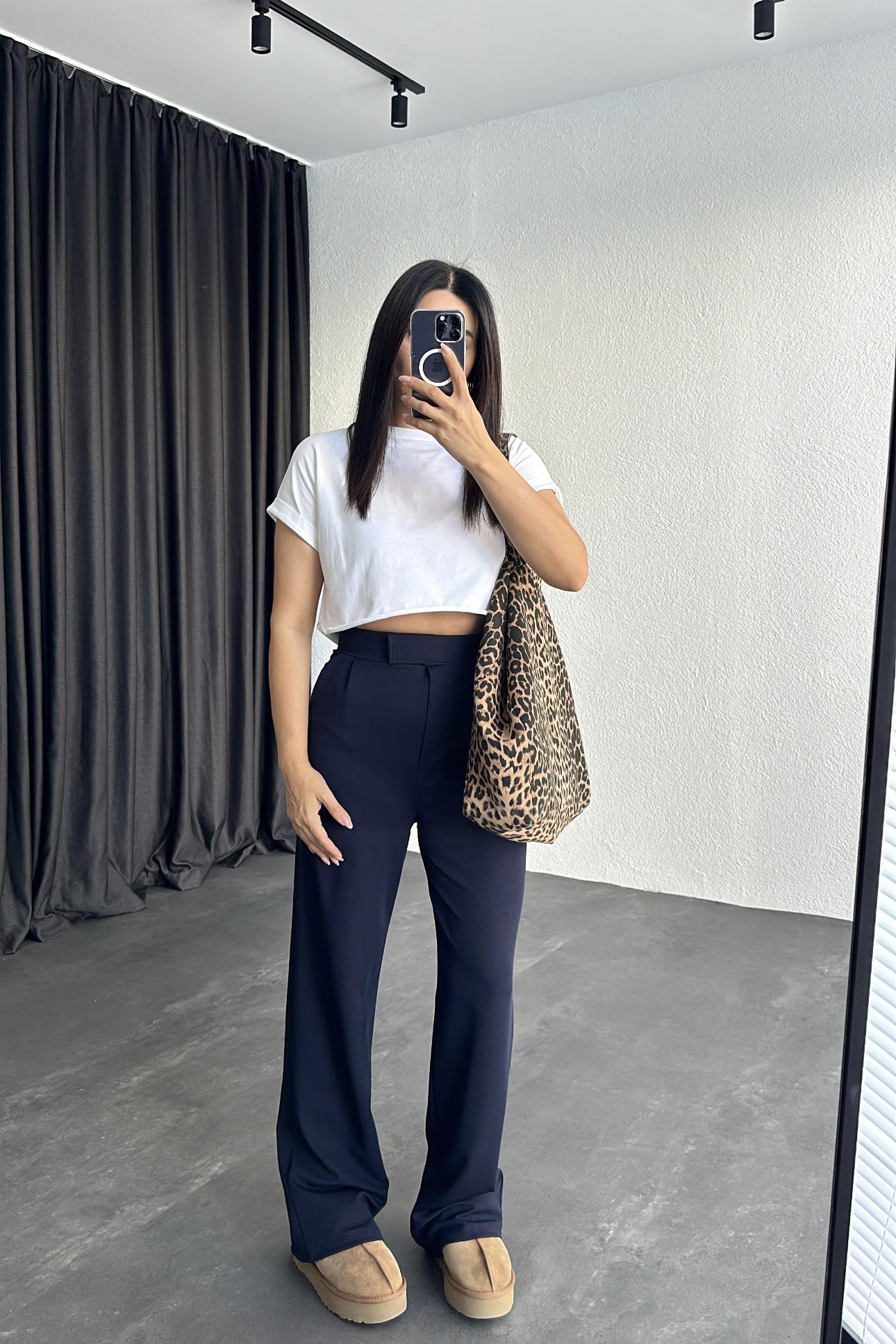 Lacivert Beli Cırtlı Likralı Palazzo Pantolon 