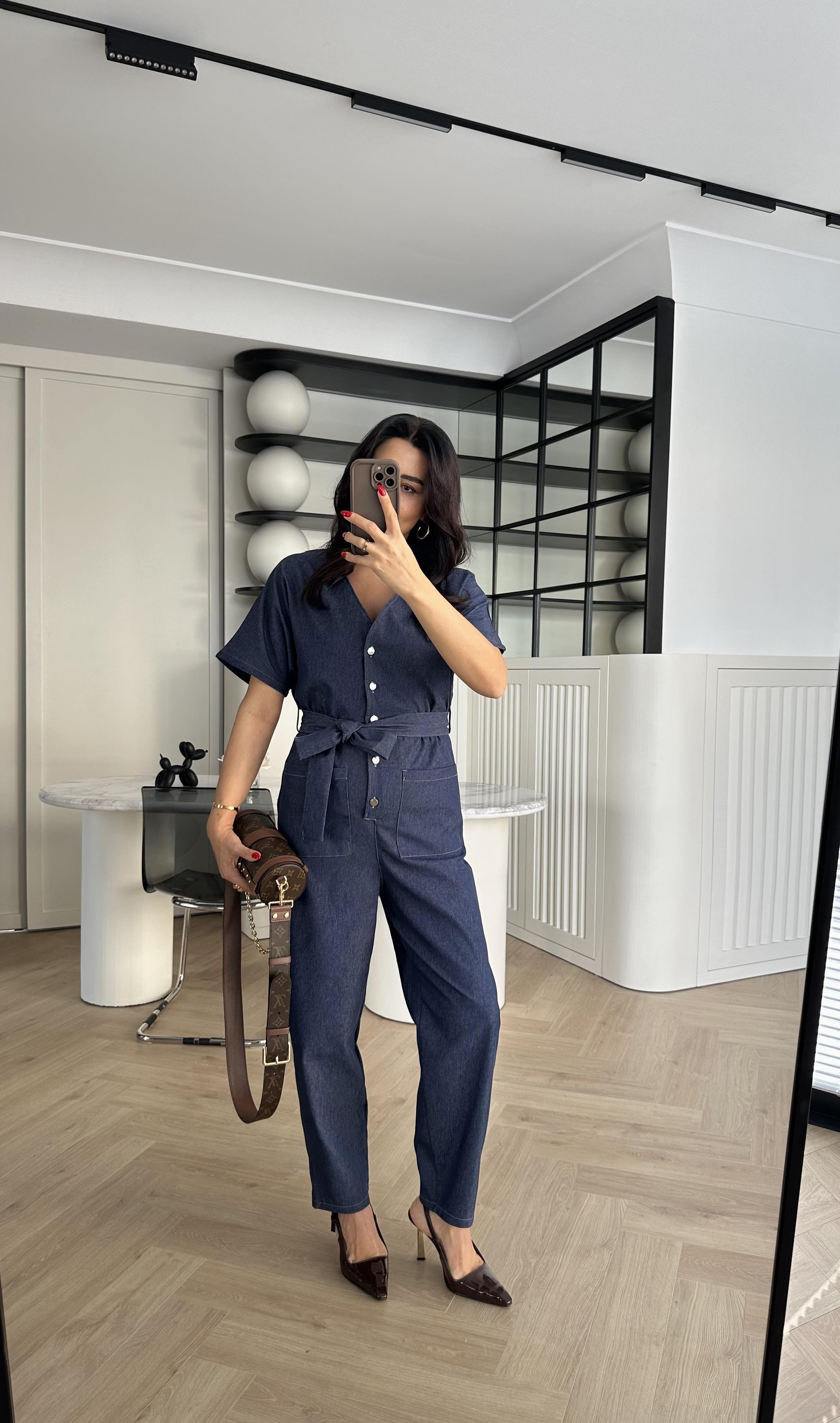 Lacivert Beli Lastikli Yumuşak Denim Kumaş Tulum