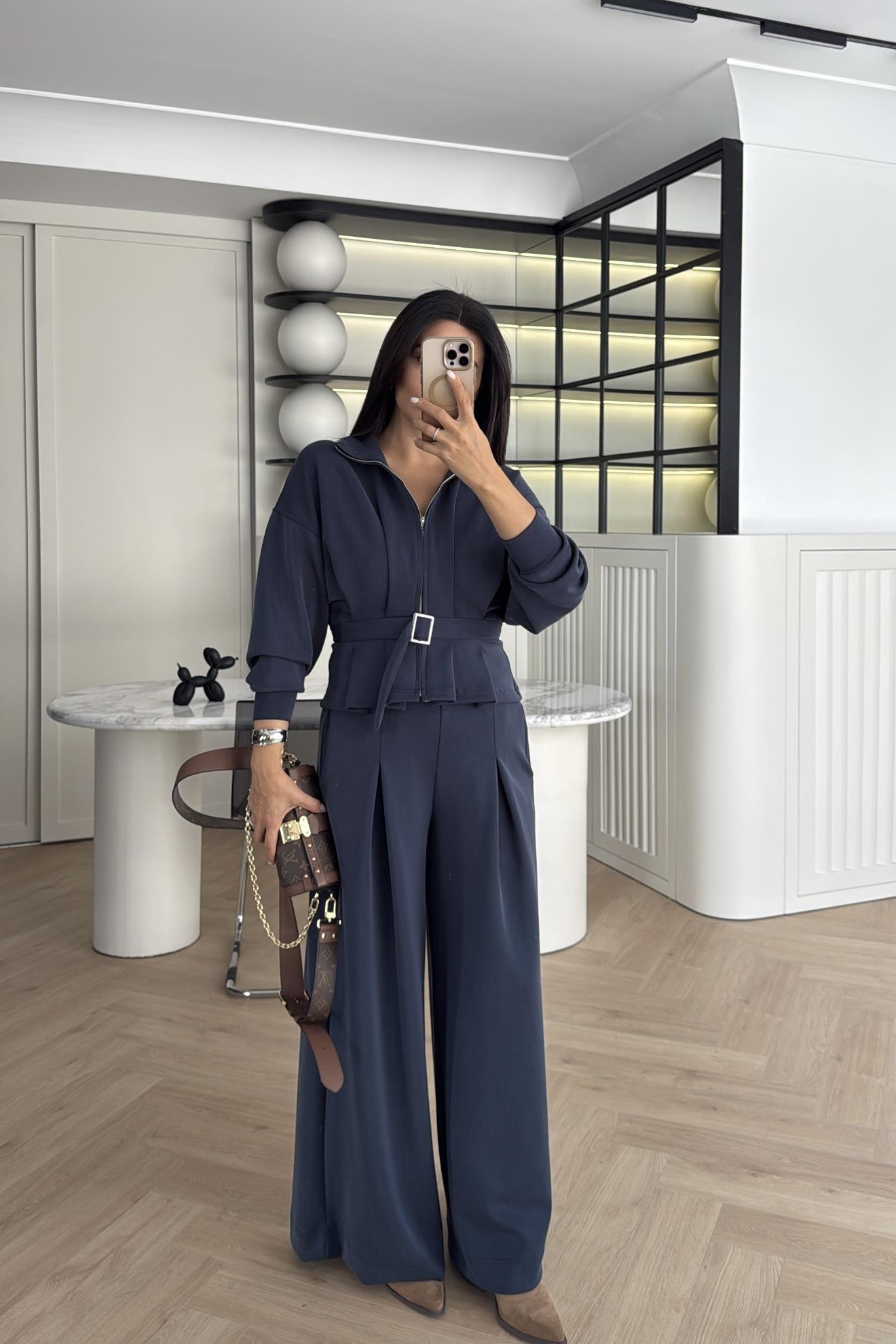 LACİVERT KEMER DETAYLI MODAL PANTOLON SWEAT TAKIM