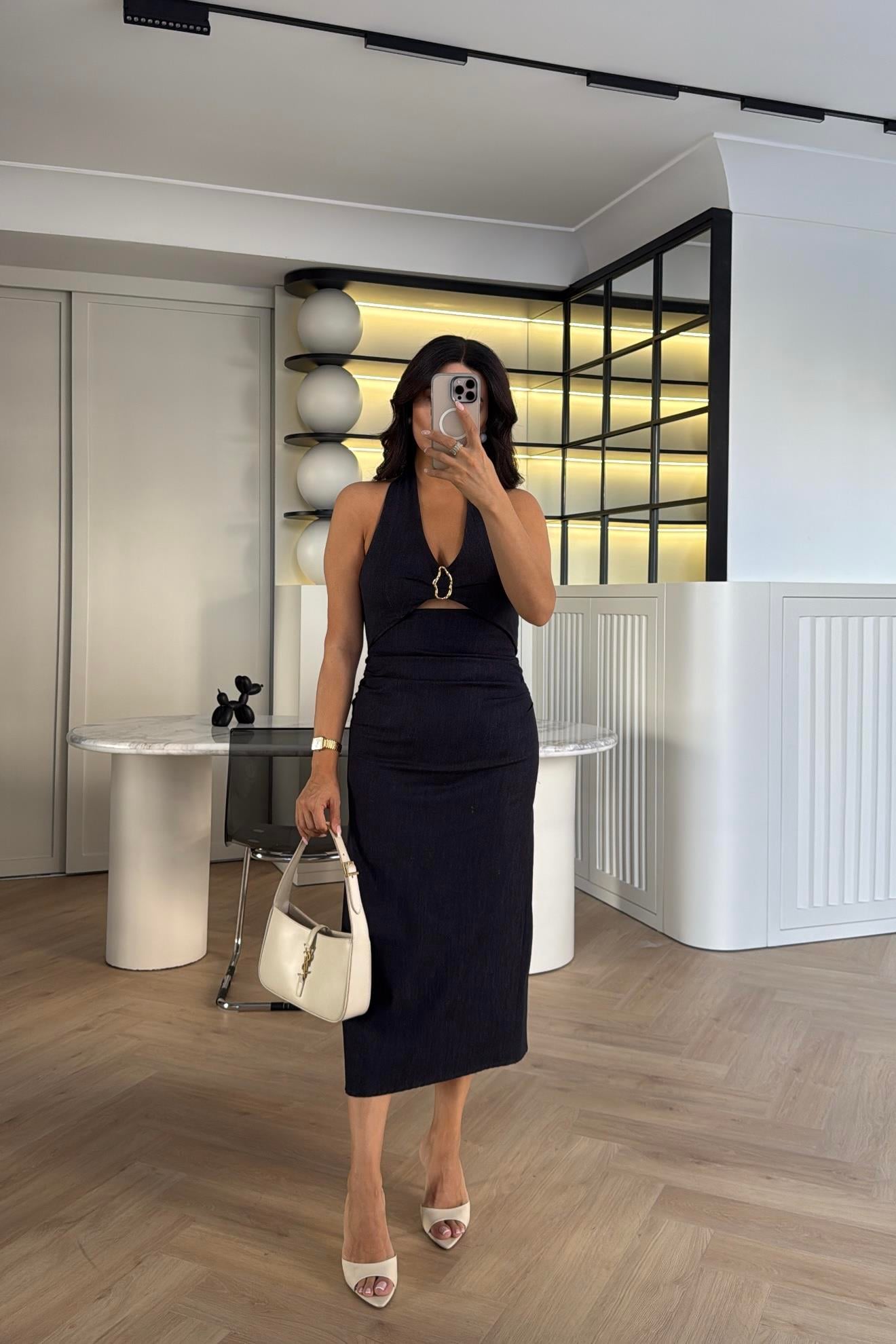 LACIVERT PENCERE DETAYLI DENIM ELBISE