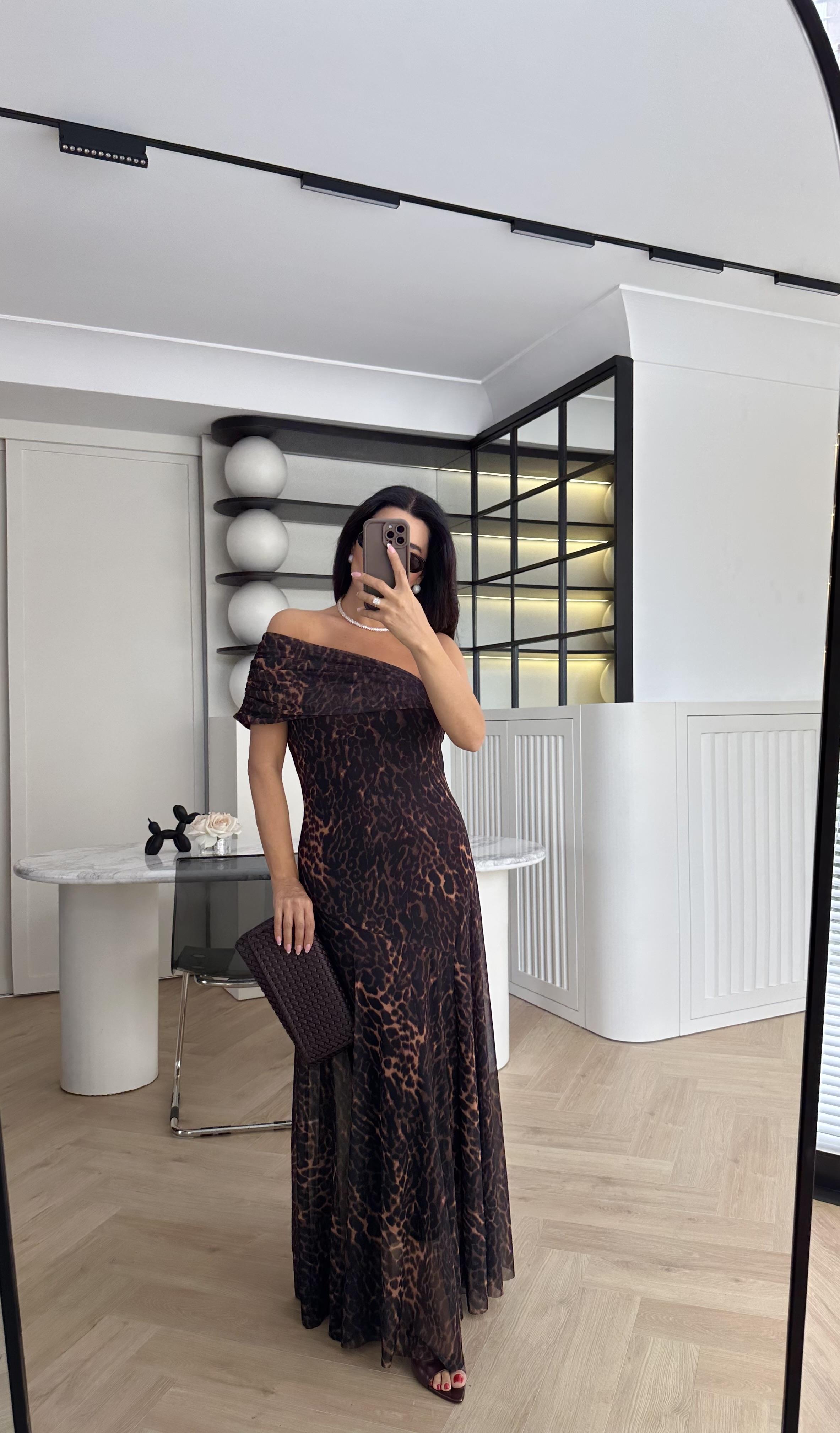 Leopar Desen Tül Tek Omuz Elbise