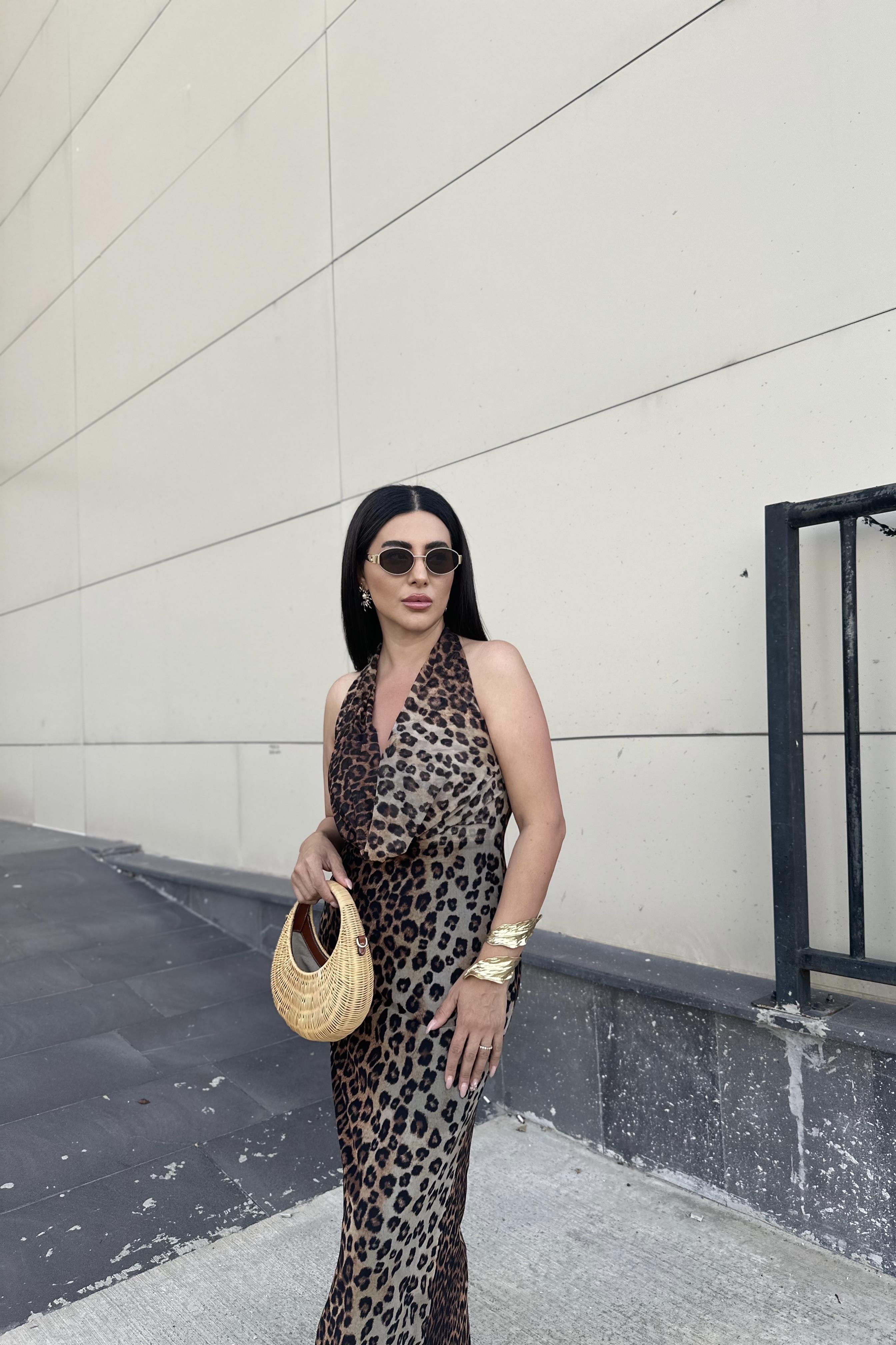 Leopar Desenli Astarlı Tül Elbise