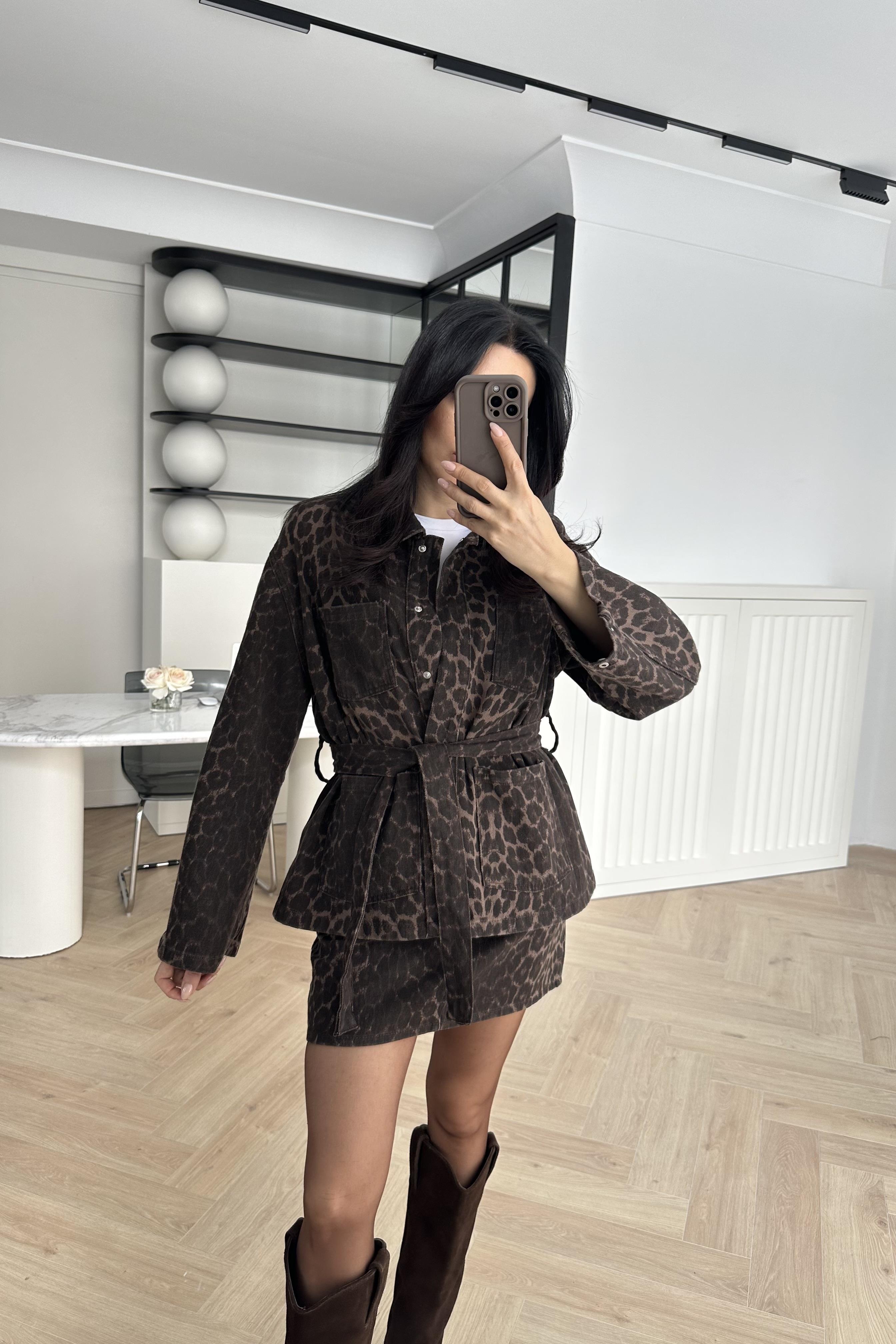 Leopar Desenli Cepli Kuşaklı Ceket 