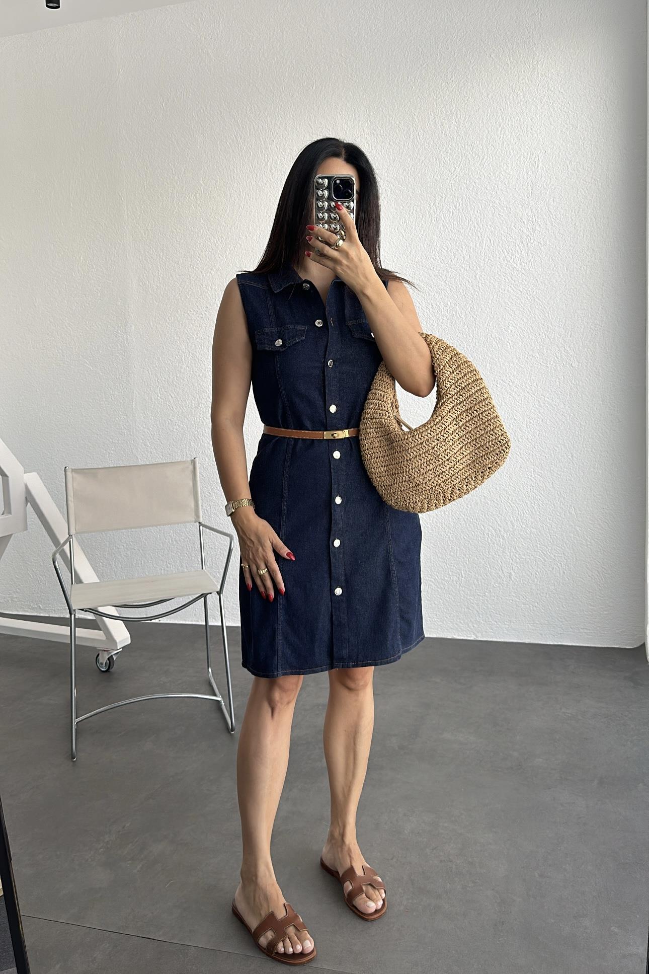 Likralı Denim Kumaş Kolsuz Elbise
