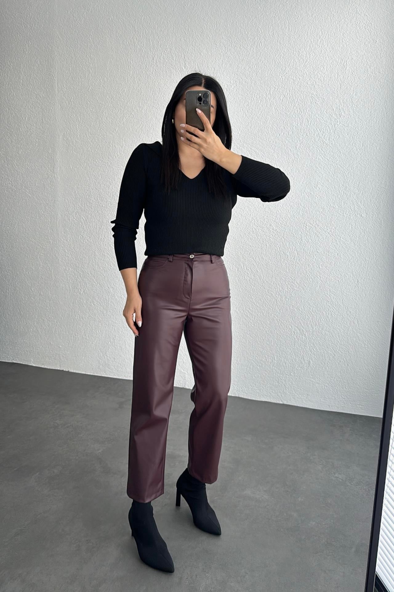 Marka Model Yüksek Bel Deri Pantolon Bordo
