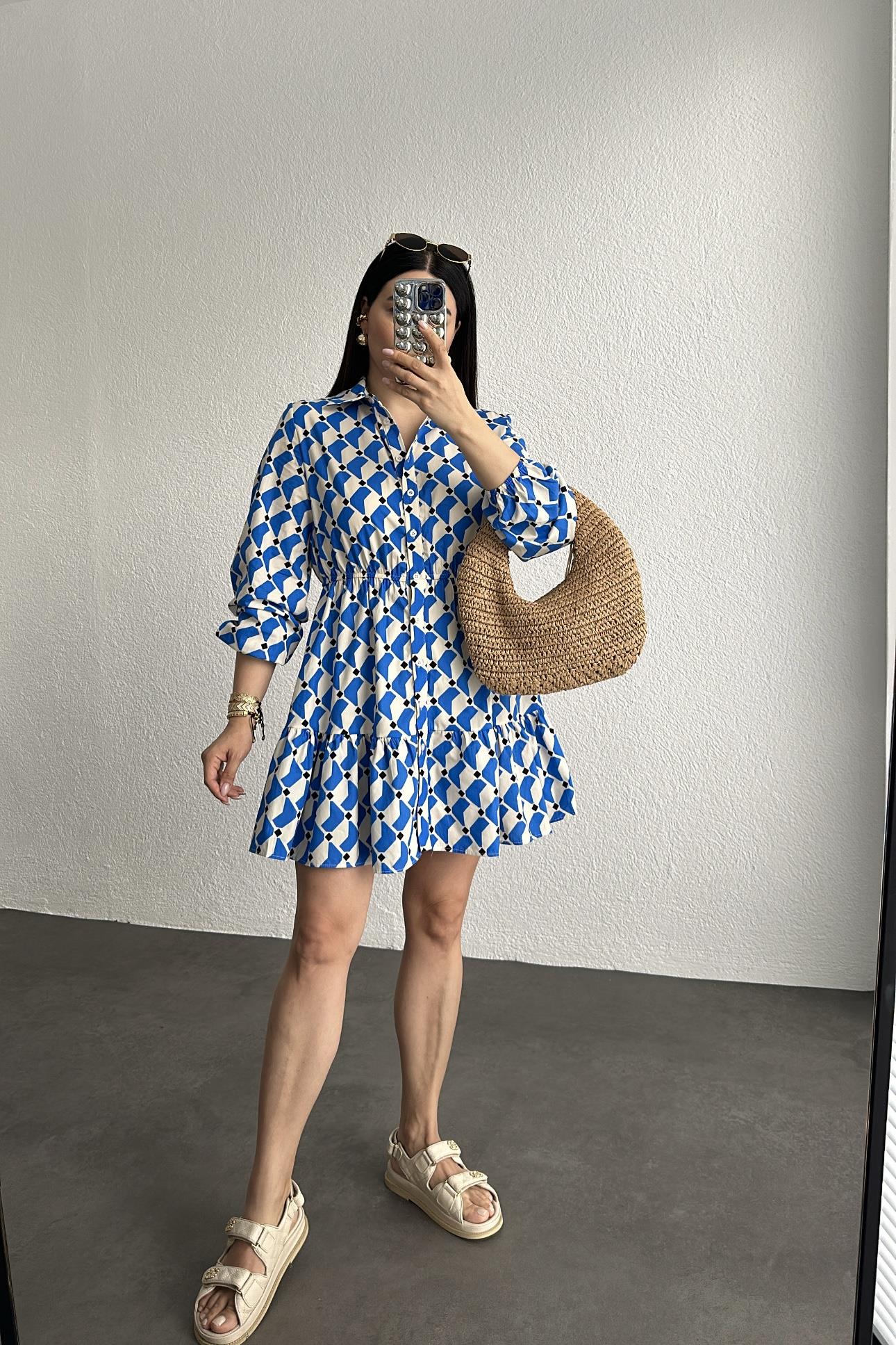 Mavi Desenli Poplin Kumaş Beli Lastikli Elbise