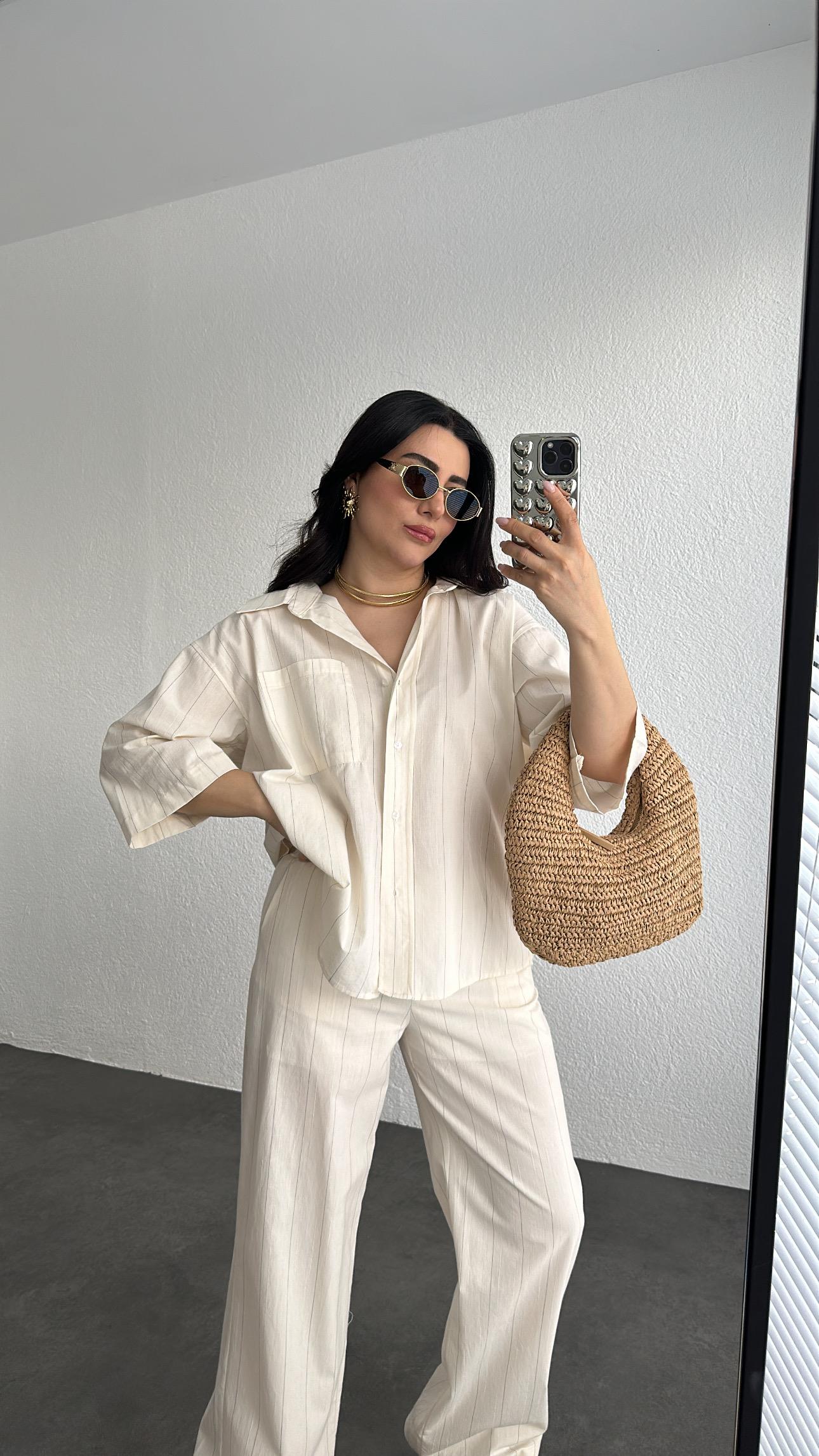 Naturel Kumaş Truvakar Kol Çizgili Takım 