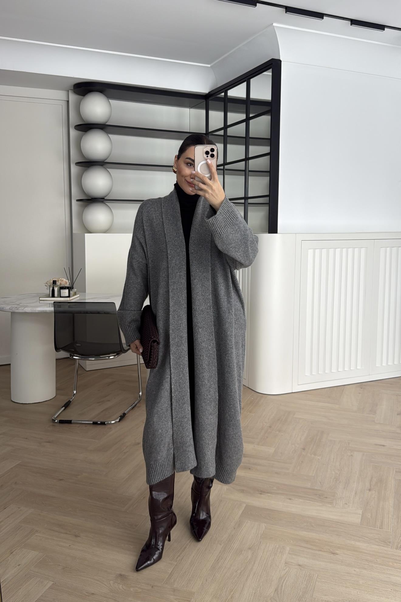 ÖNÜ AÇIK ŞAL YAKA HIRKA  ANTRASİT 