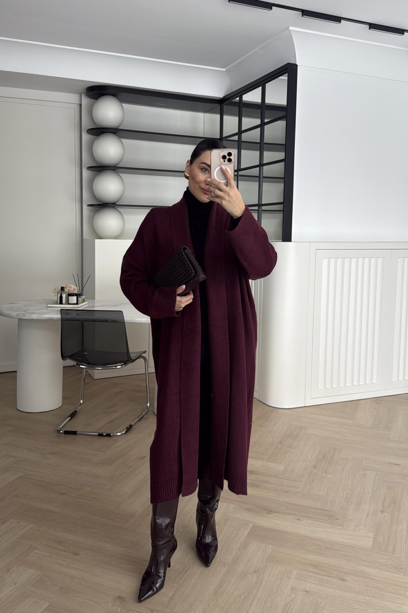 ÖNÜ AÇIK ŞAL YAKA HIRKA BORDO 