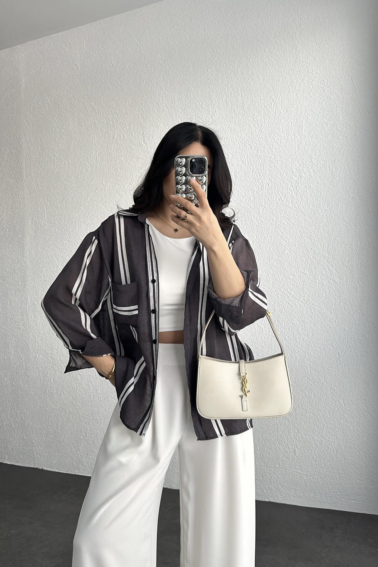 Oversize Antrasit Çizgili Düğmeli Gömlek