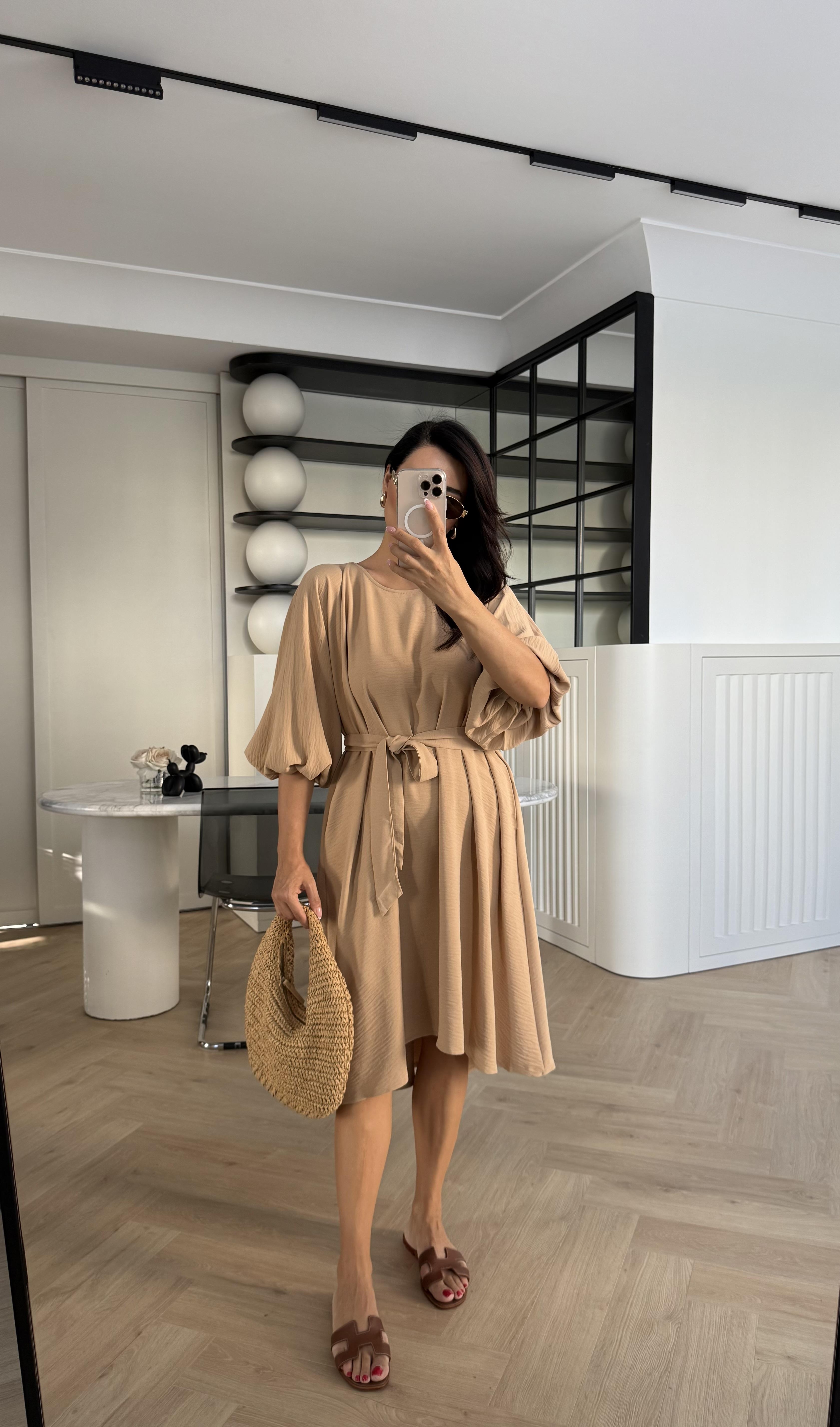 OVERSİZE KALIP CEPLİ KUŞAKLI KETEN ELBİSE