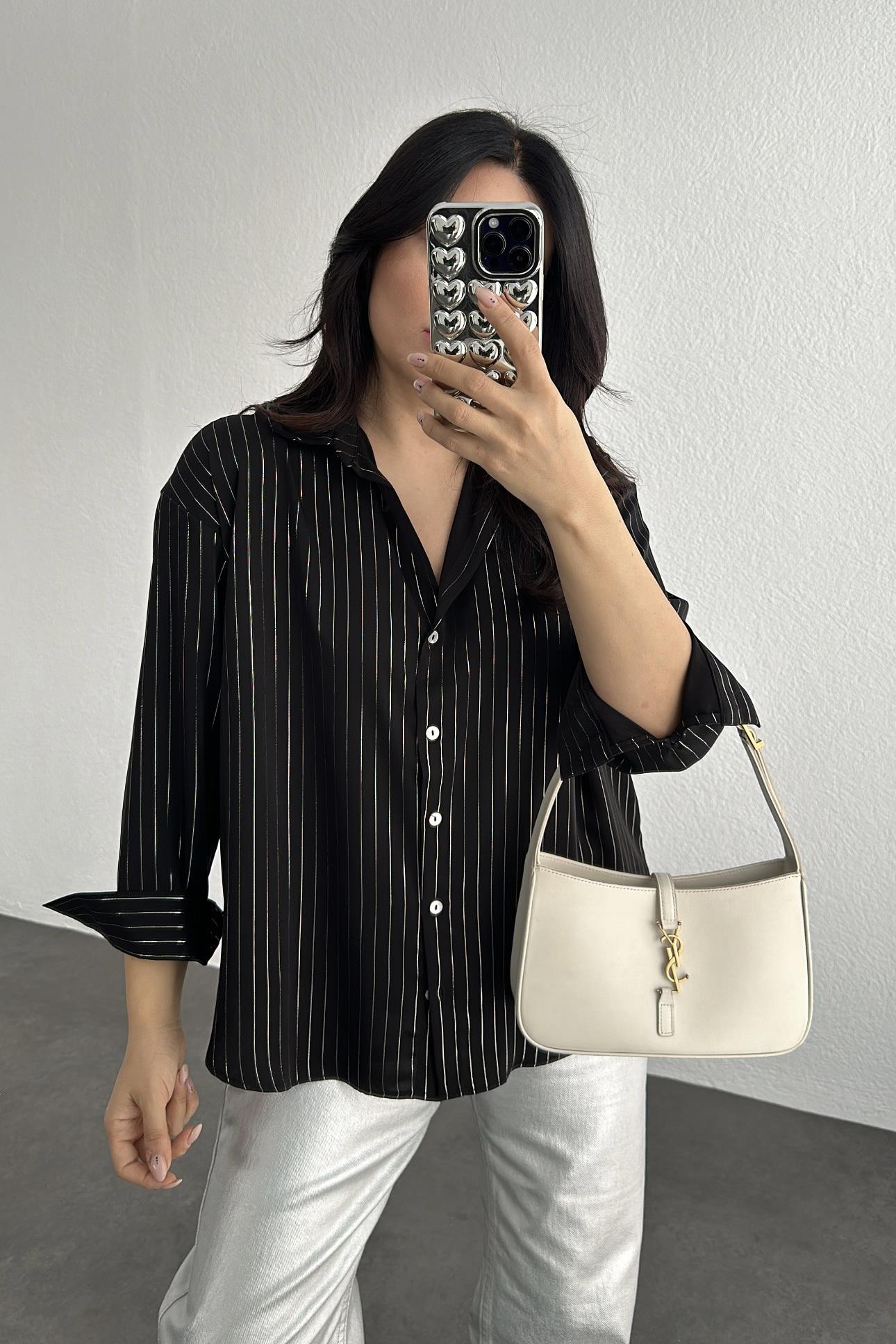 Özel Seri Gümüş Çizgili Tasarım Siyah Gömlek