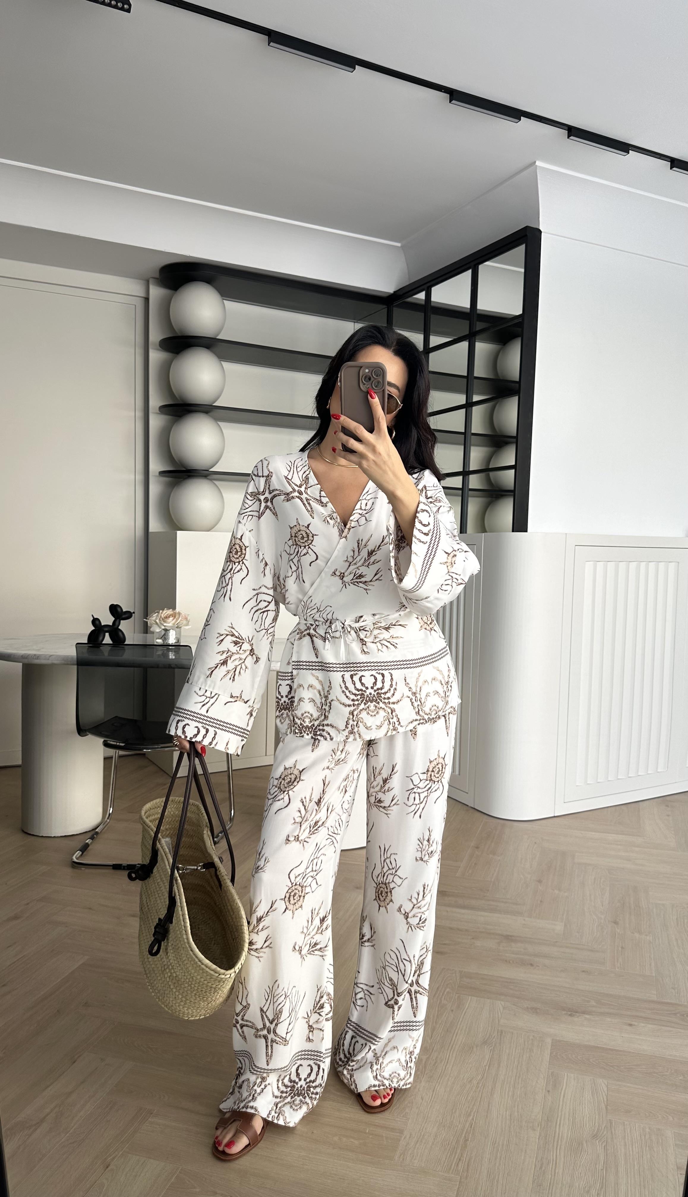 Pamuklu Viskon Kimono Pantolon Takım 