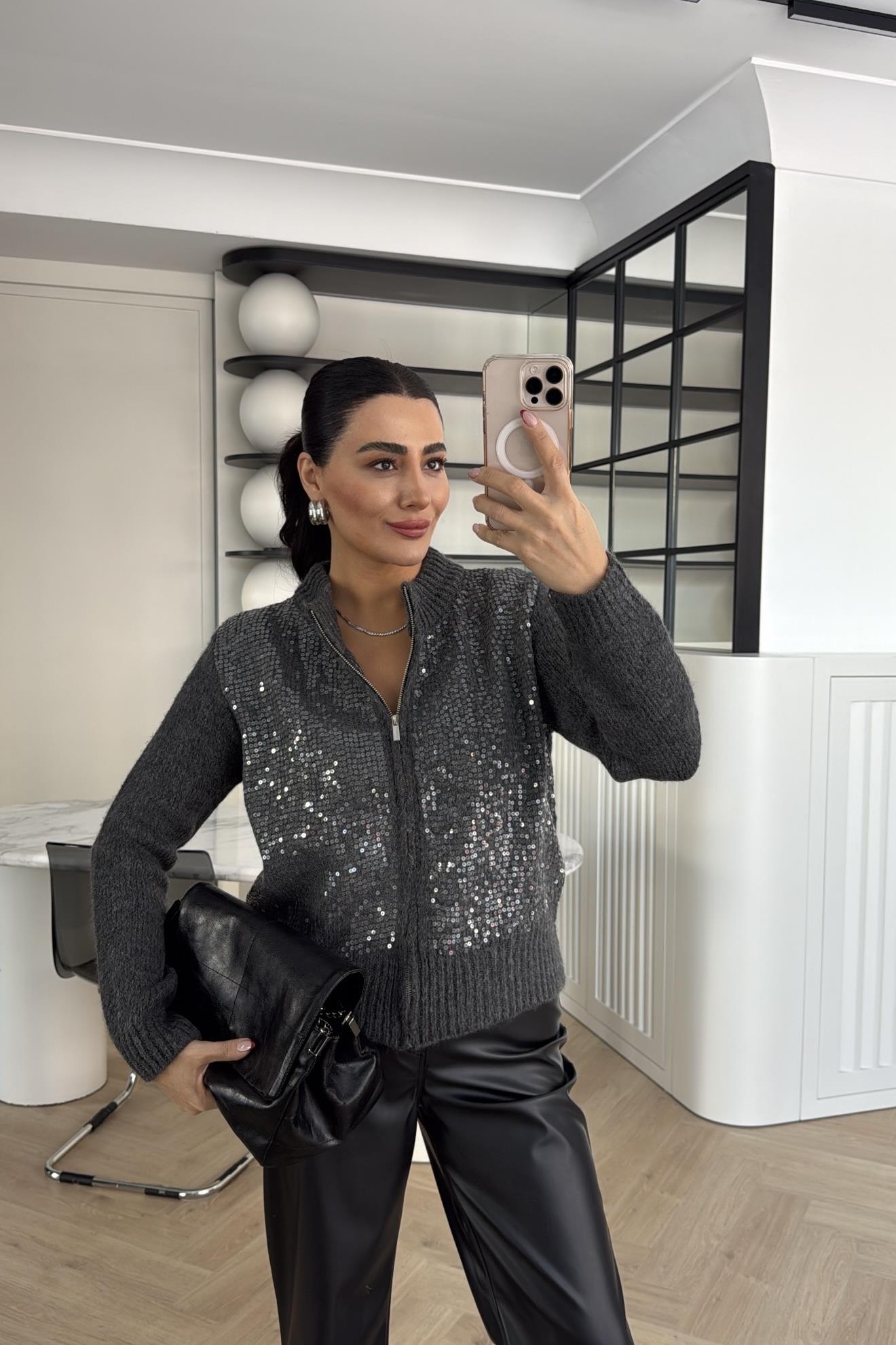 PAYETLİ FERMUARLI HIRKA GRİ
