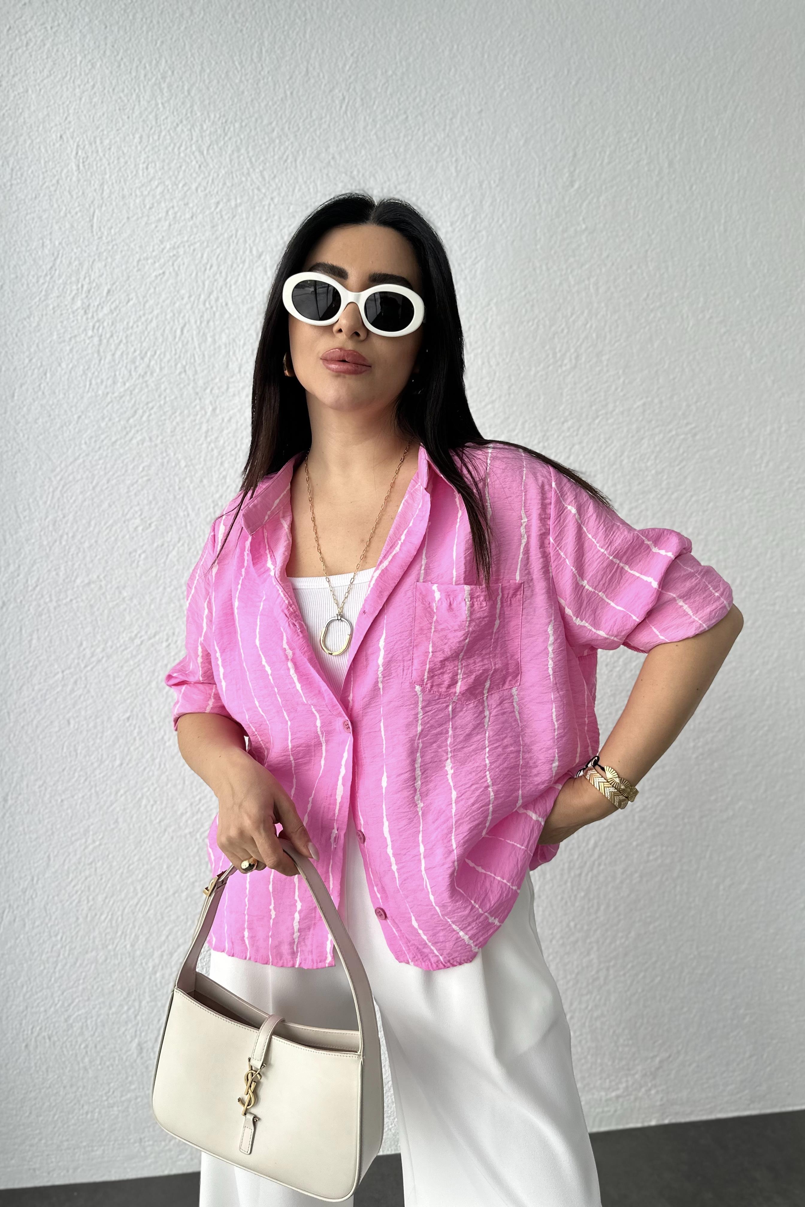 Pembe Çizgili Oversize Tensel Gömlek