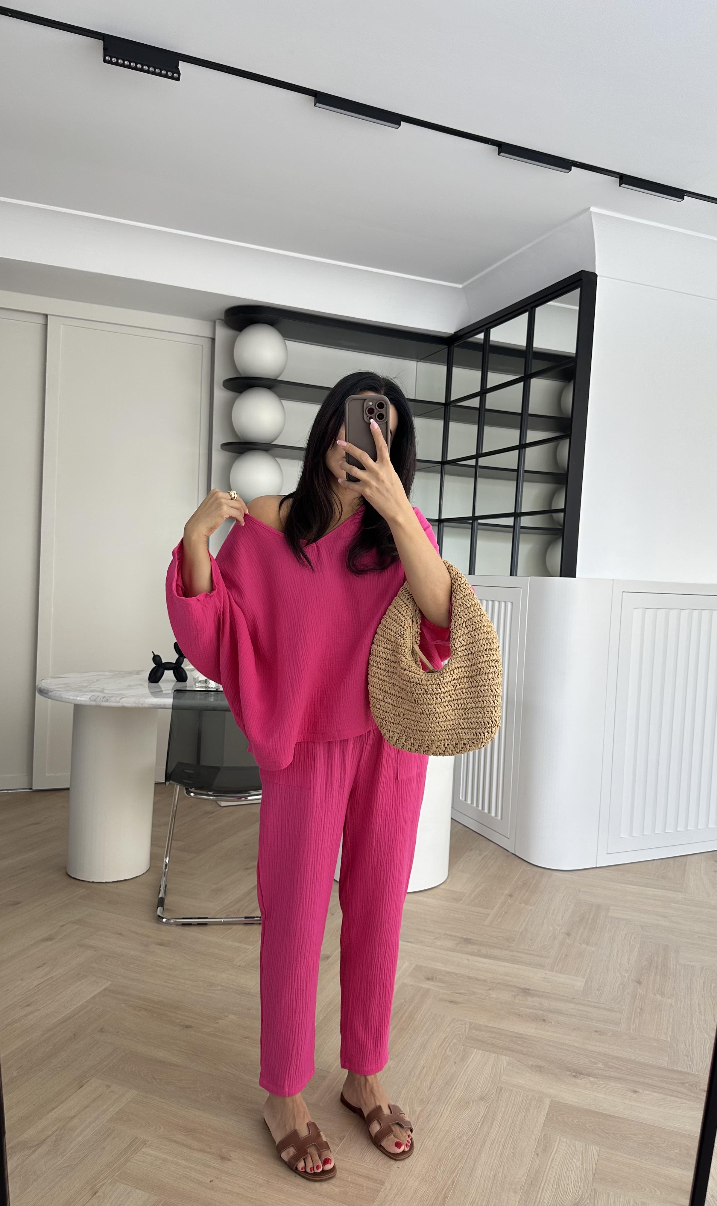 Pembe Düşük Omuz Müslin Kumaş Rahat Takım