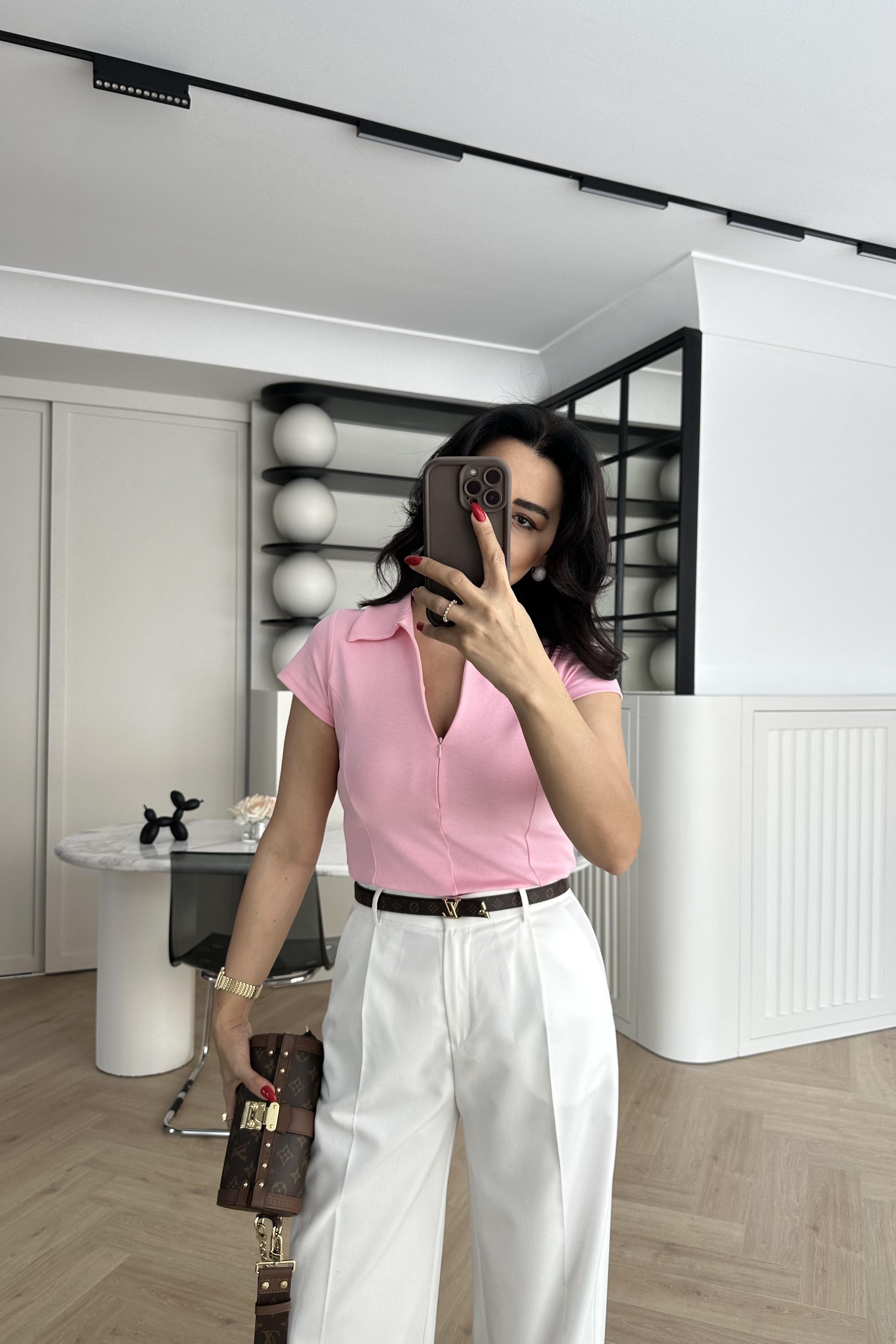 Pembe Fermuarlı Polo Yaka Tişört 