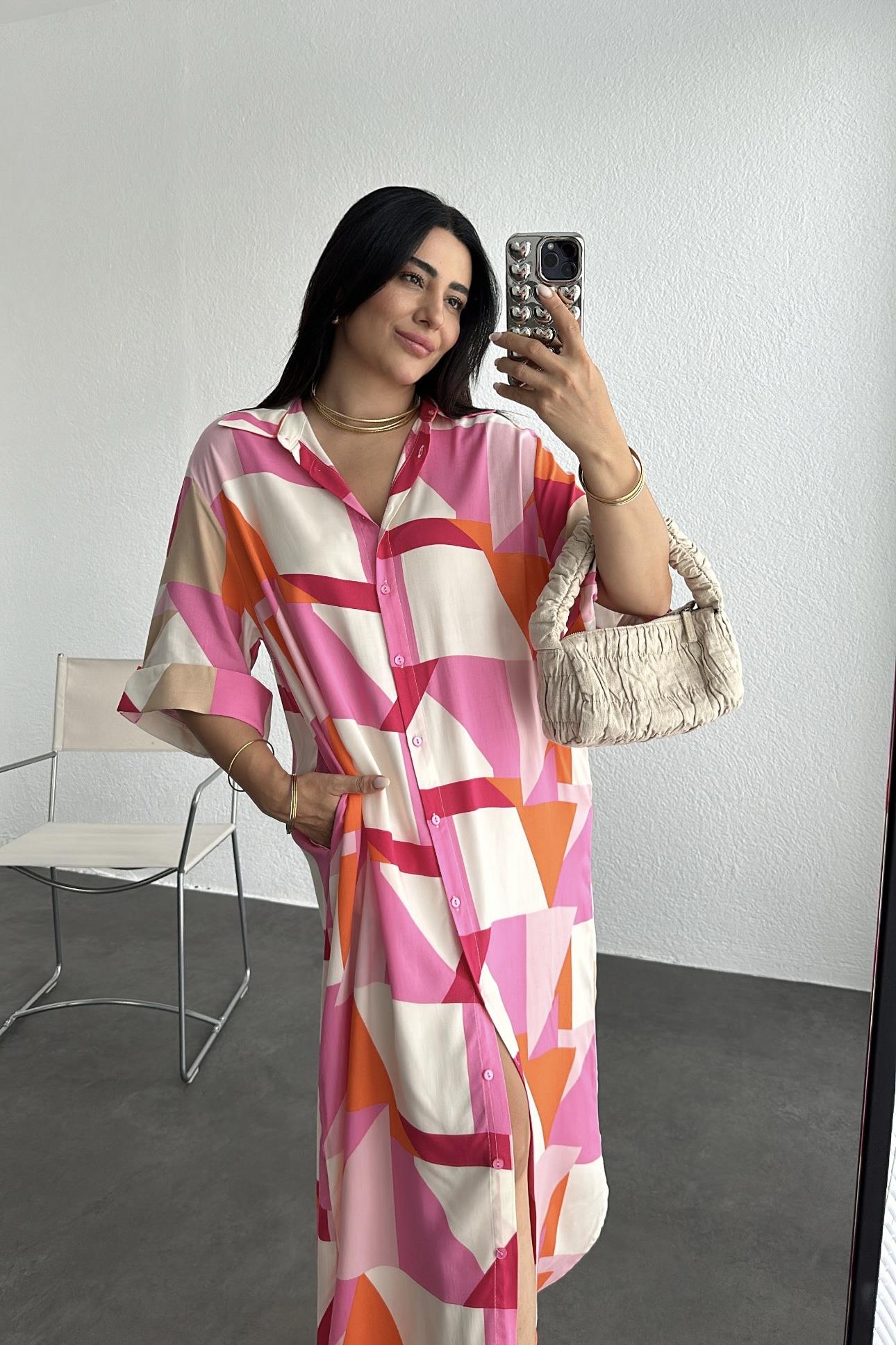 Pembe Geometrik Desen Salaş Kalıp Gömlek Elbise