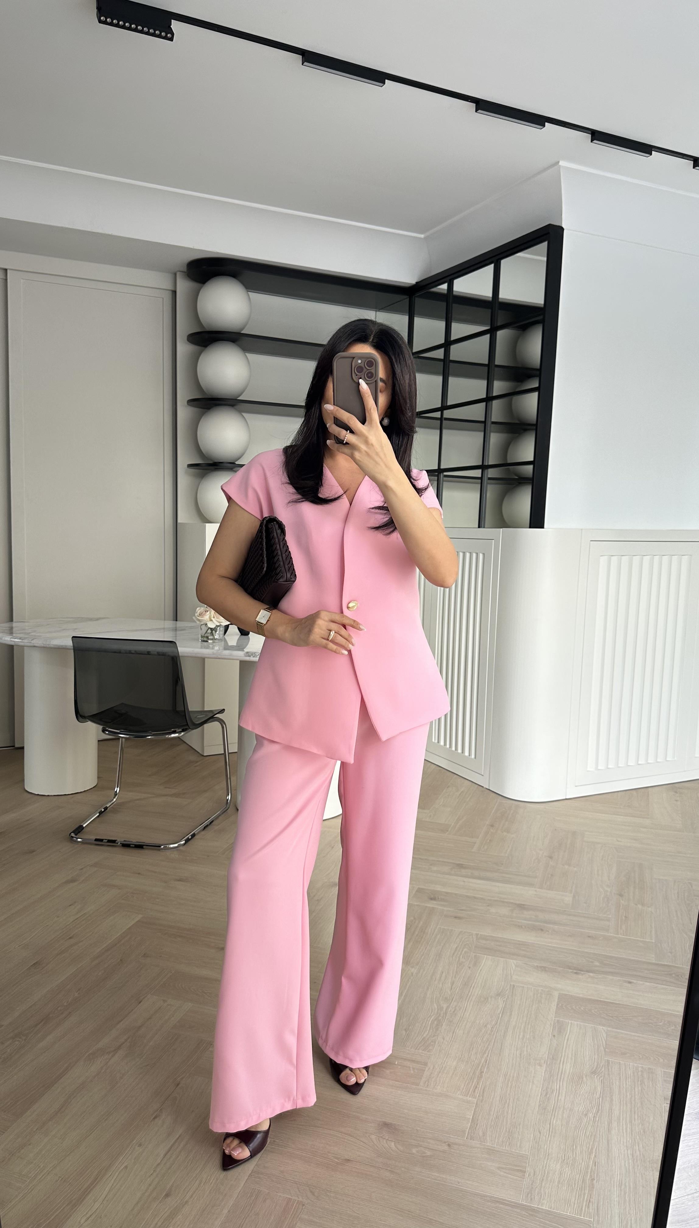 Pembe Gold Düğmeli Yelek Pantolon Takım