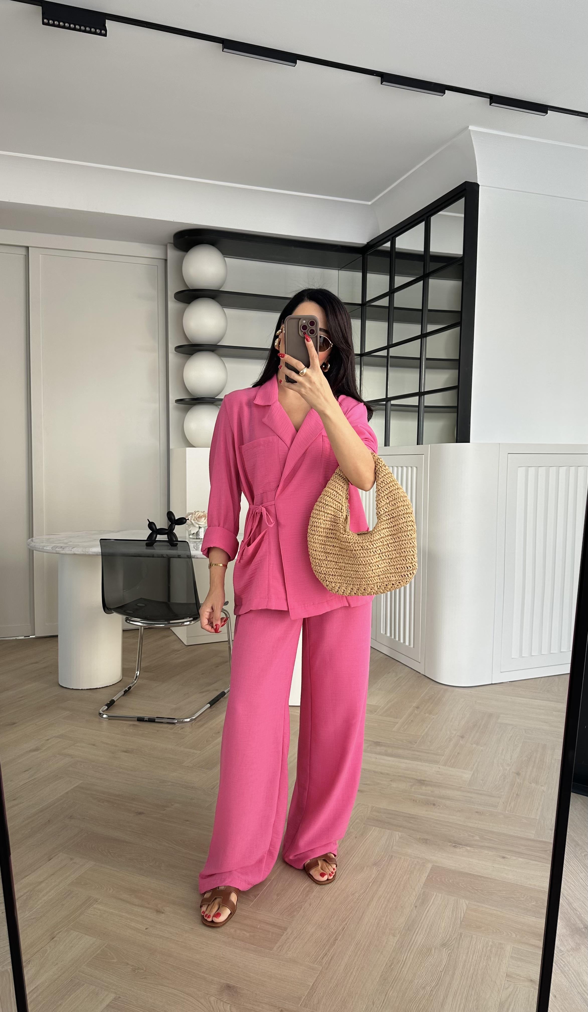 Pembe Pamuk Keten Bağlama Detaylı Gömlek Pantolon Takım
