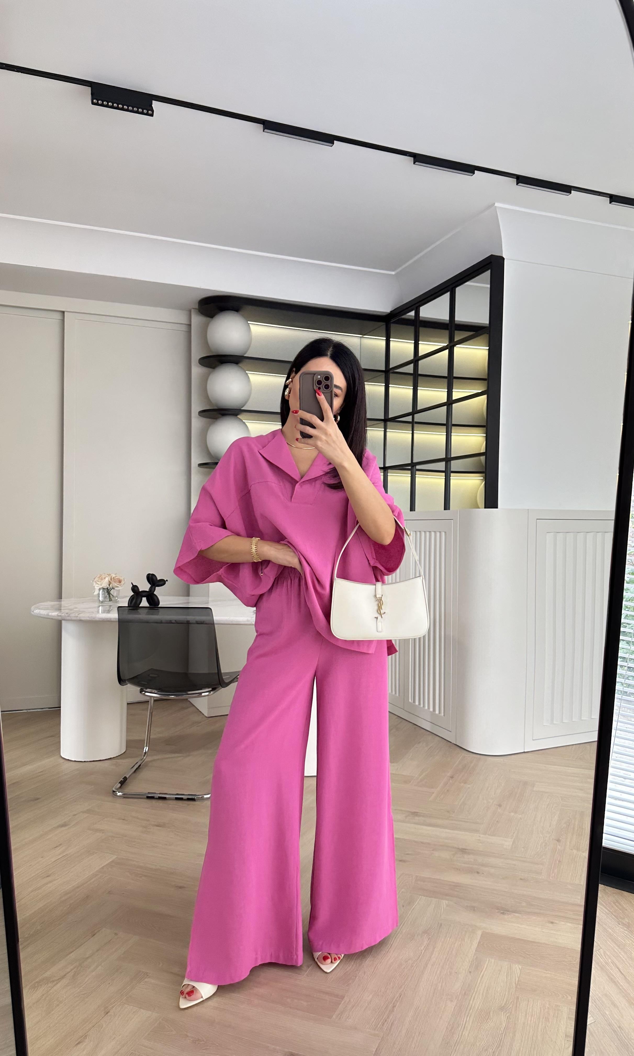 Pembe Rahat Kalıp Keten Elbise