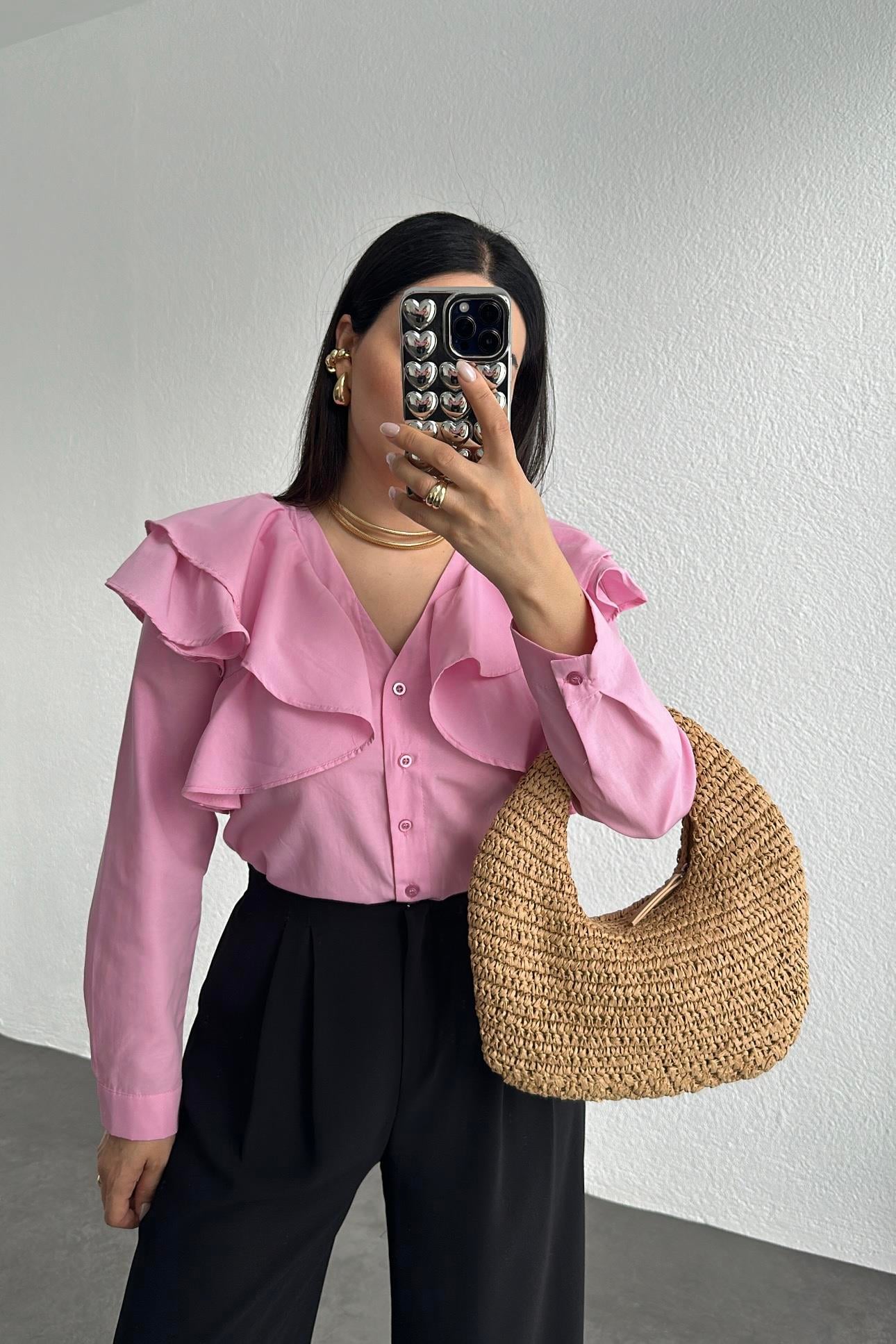 Pembe Renk Fırfırlı Tasarım Poplin Gömlek