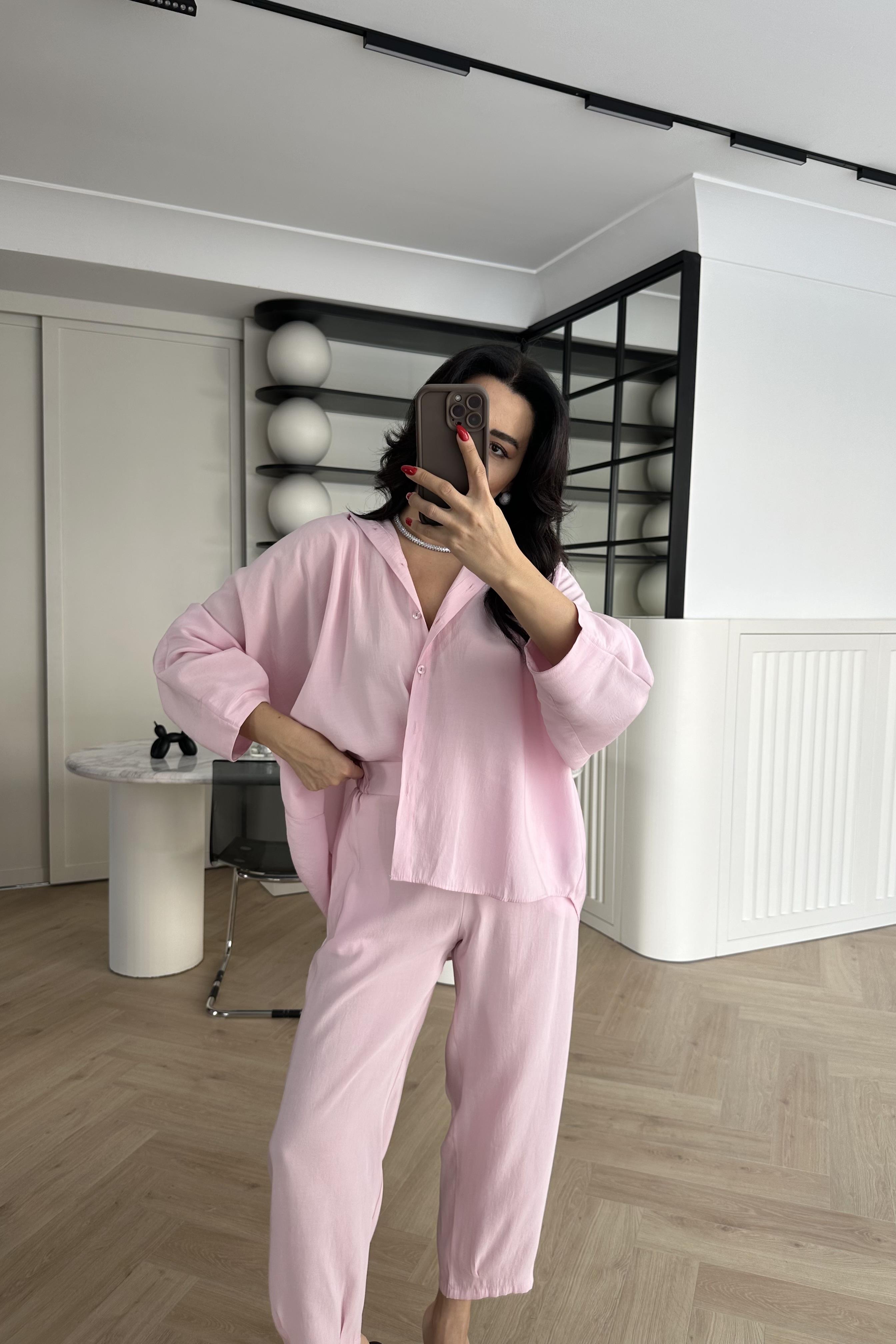 Pembe Tensel Kumaş Massi Gömlek Pantolon Takım