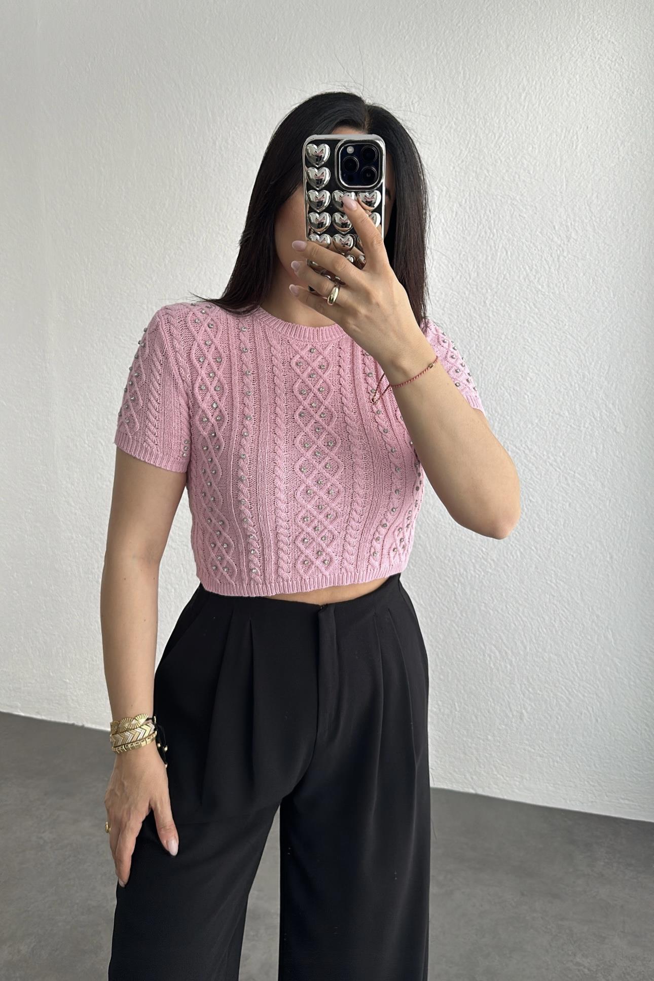 Pembe Yazlık Triko Taş Detaylı 