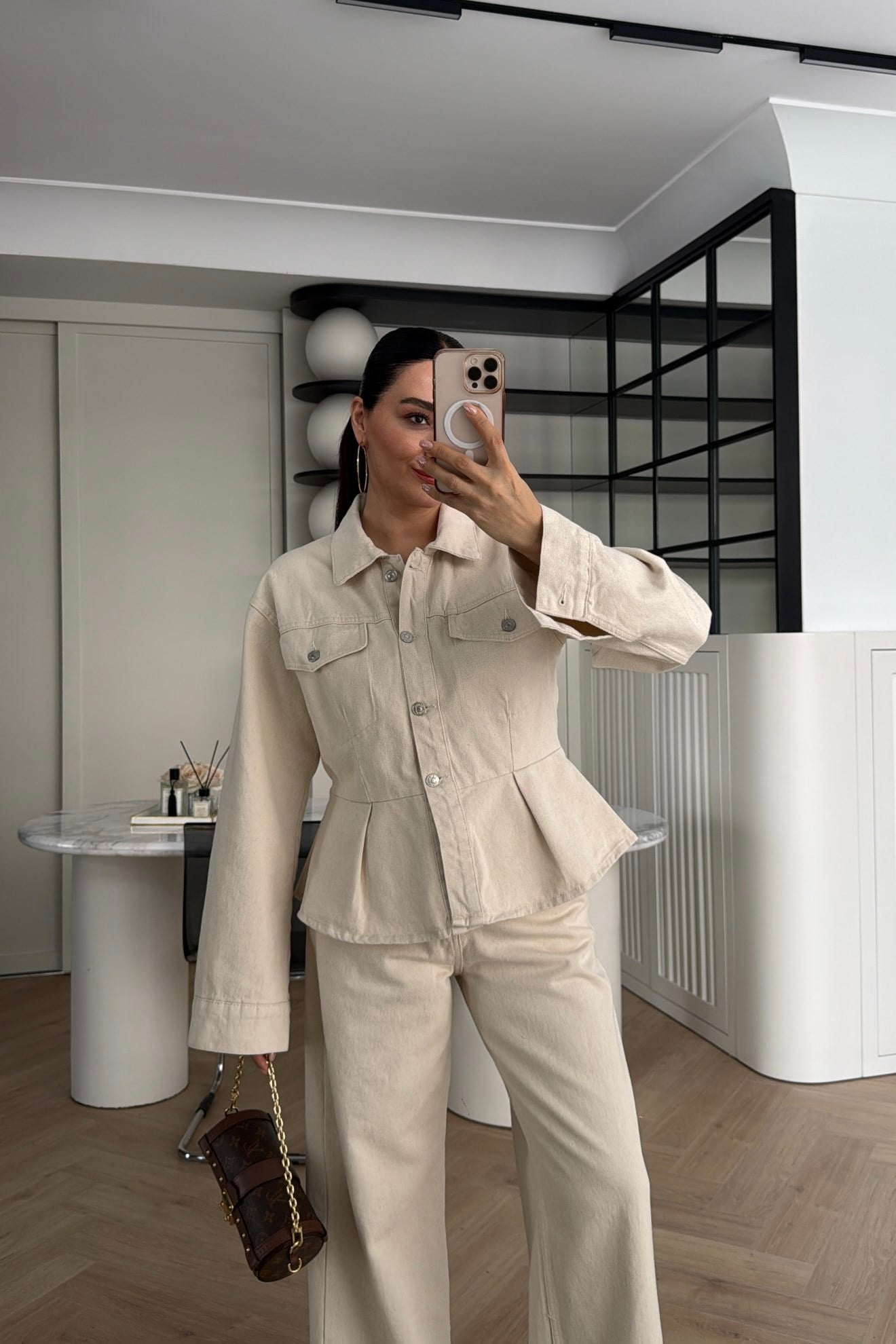 PEPLUM KESİN DENİM CEKET EKRU 