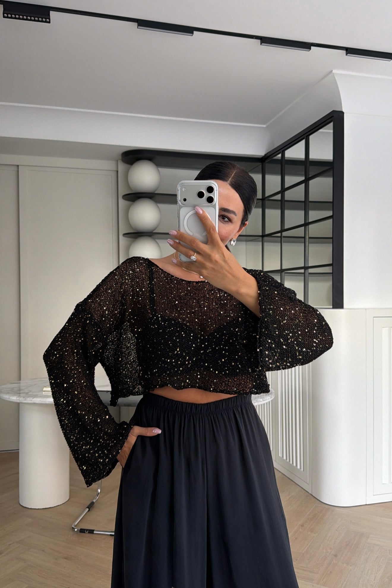 PULLU CROP MERSERİZE TRİKO SİYAH