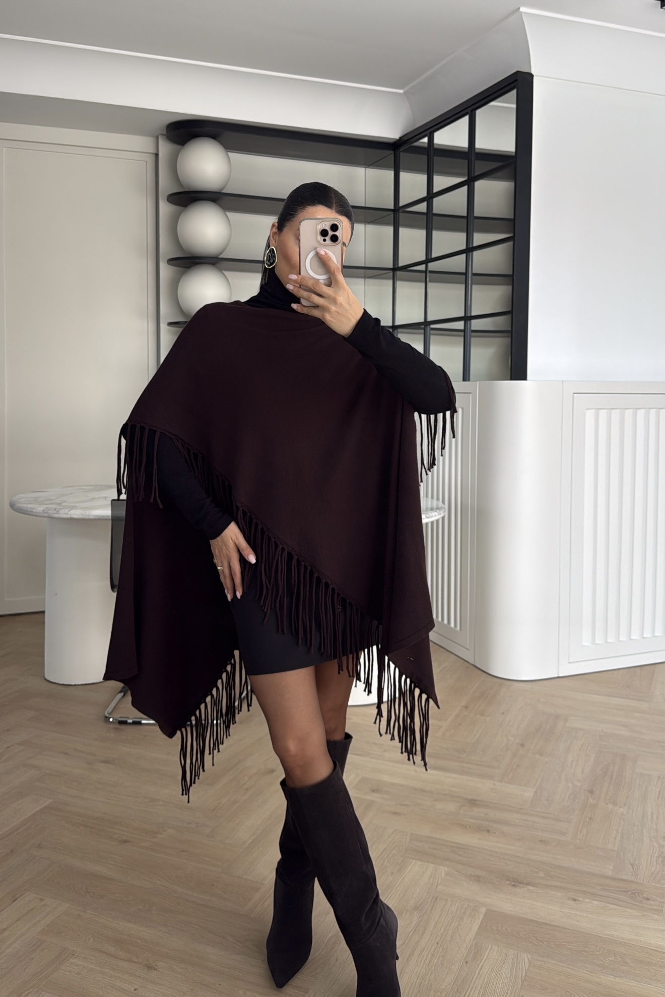 PÜSKÜLLÜ TRİKO PANÇO KAHVE