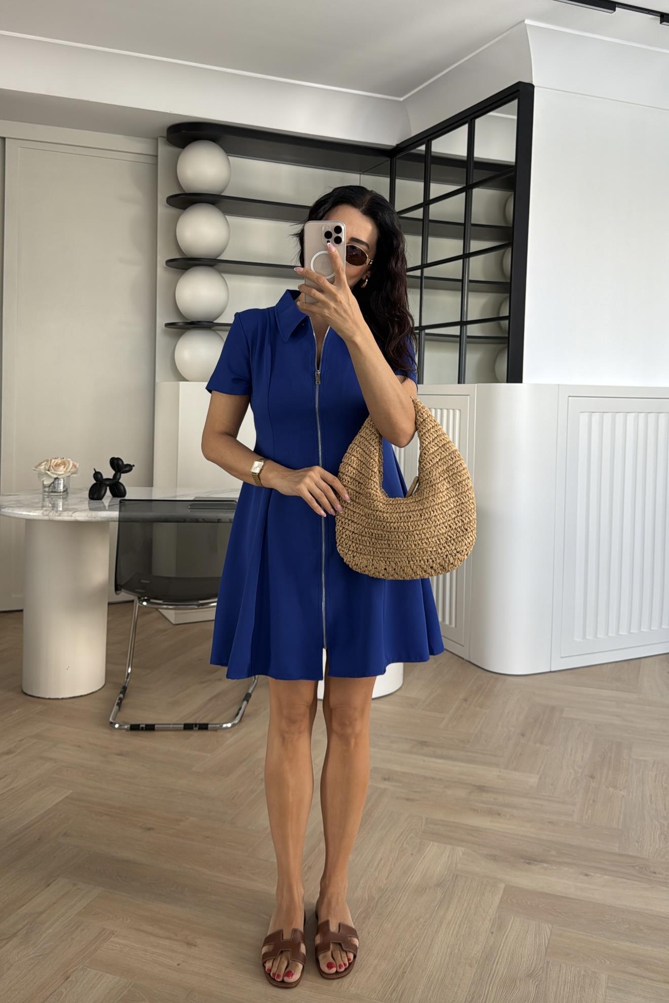 SAKS ÖNDEN FERMUARLI KREP KUMAŞ ELBİSE