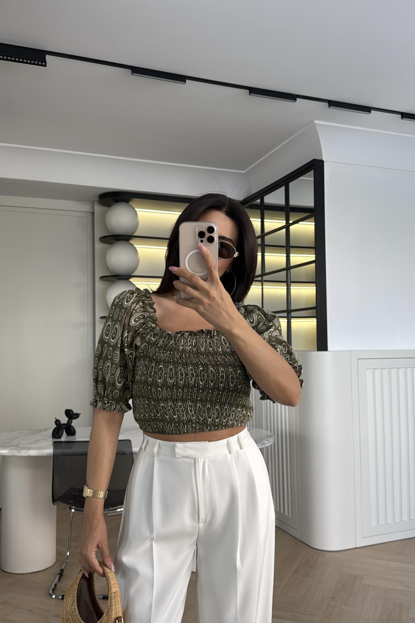 ŞAL DESEN LASTİKLİ KISA BLUZ HAKİ