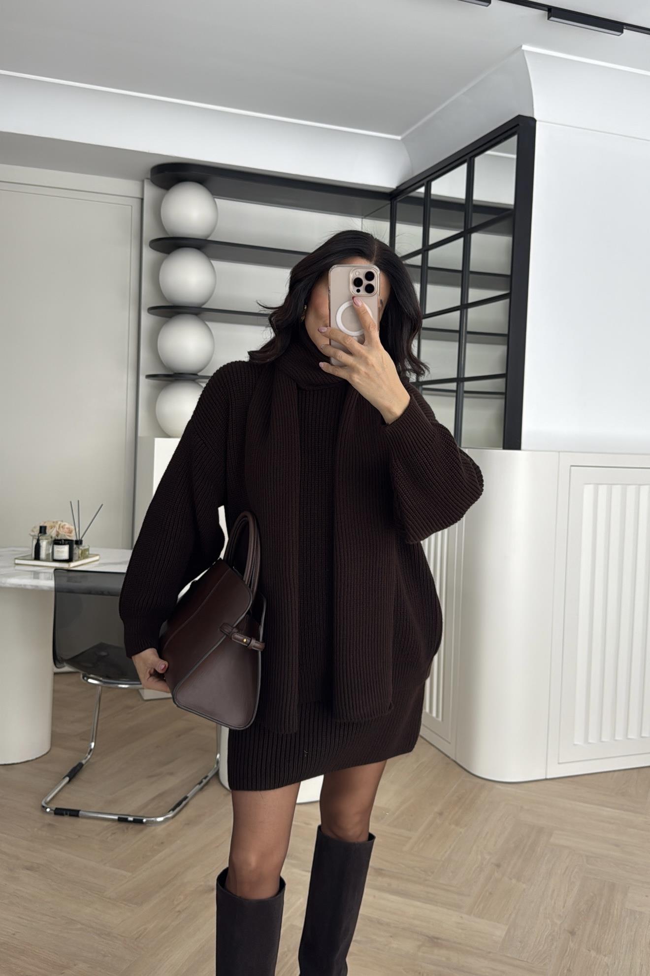 ŞAL DETAYLI TRİKO TAKIM KAHVE 