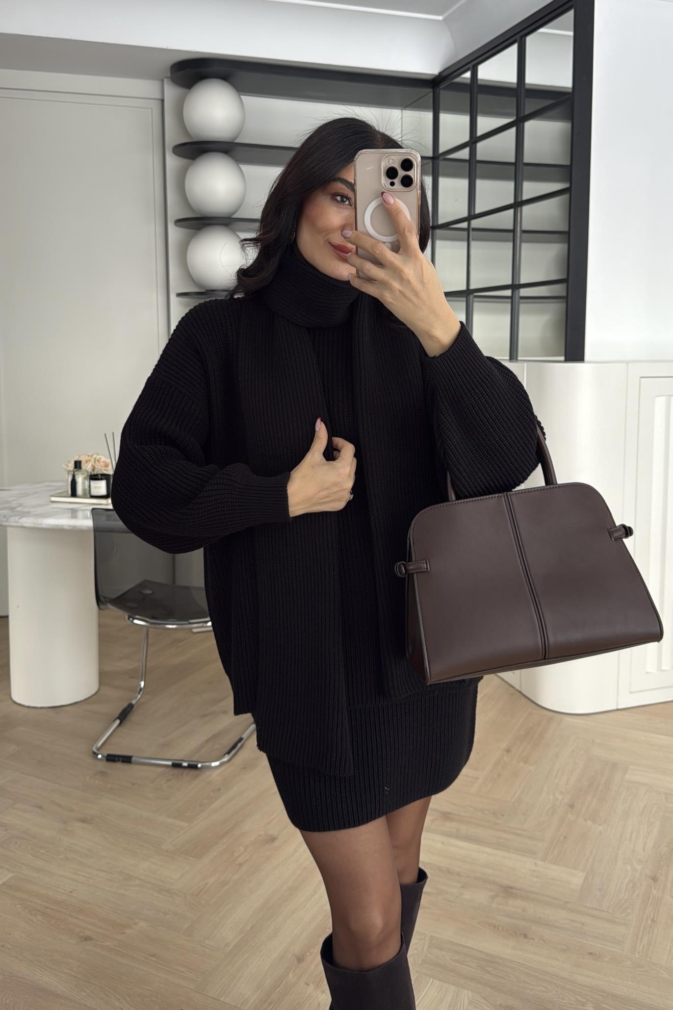 ŞAL DETAYLI TRİKO TAKIM SİYAH 