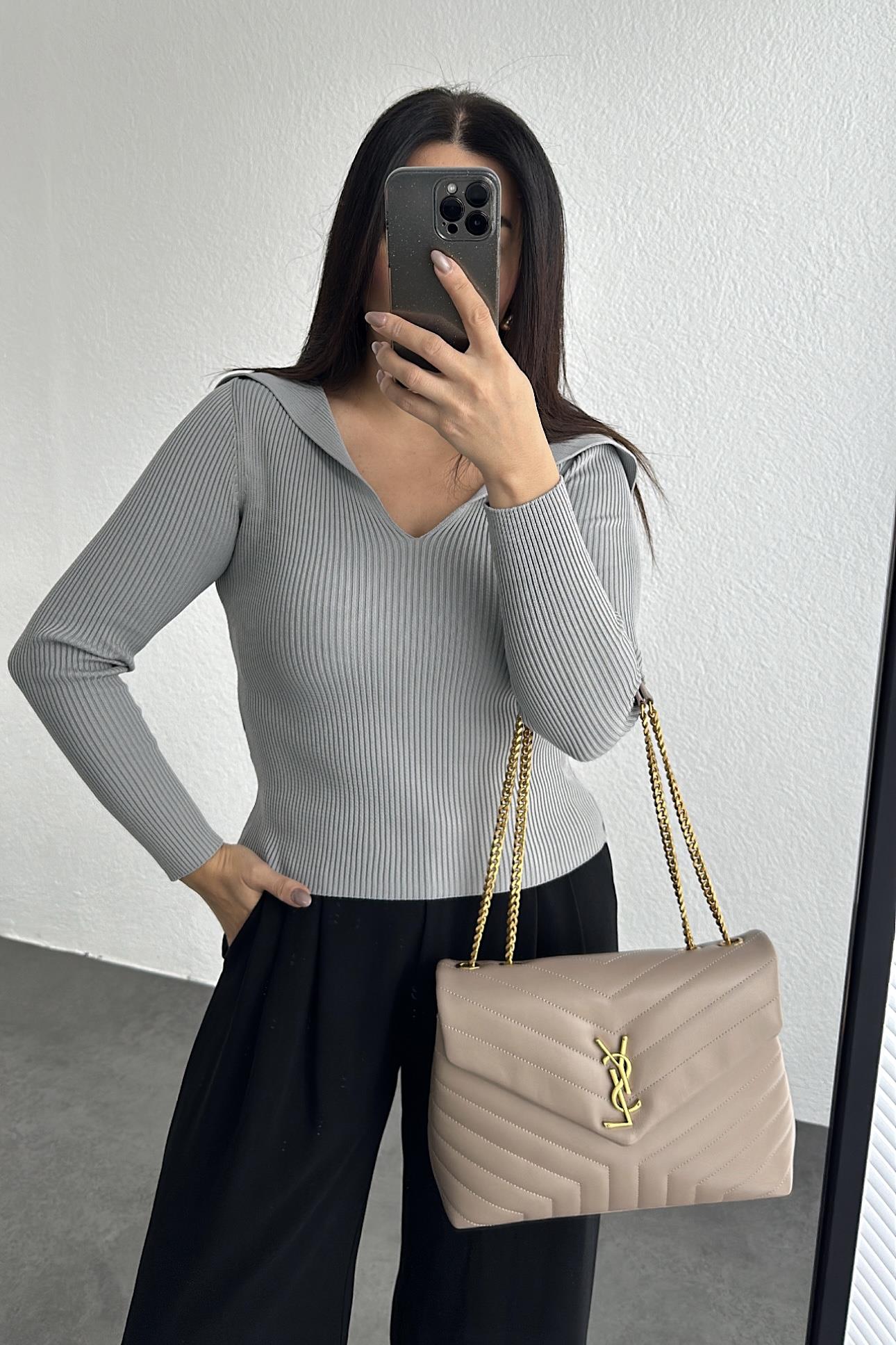 Şal Yaka Kaşmir Dokulu Triko Gri