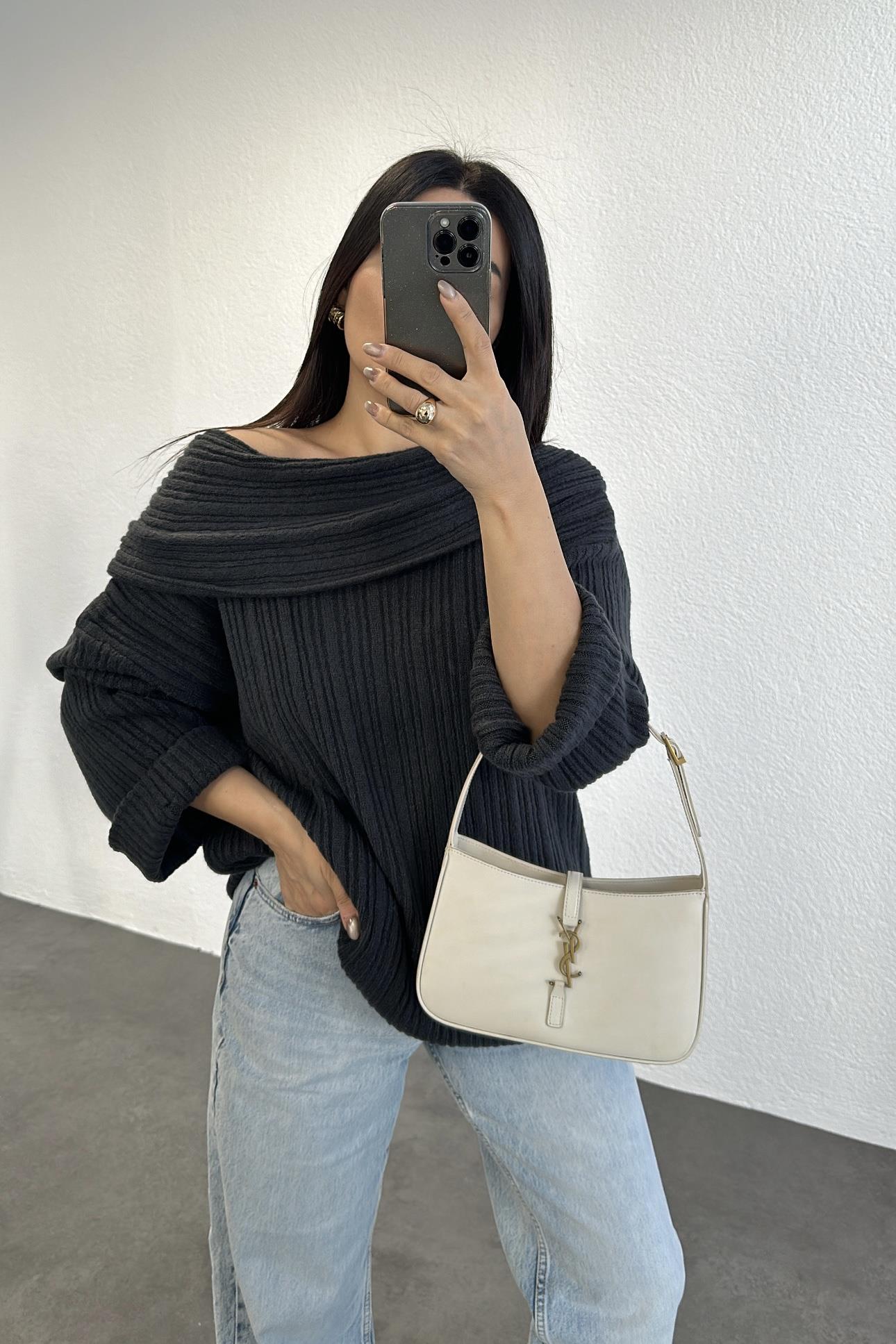 Şal Yaka Tunik Boy Oversize Triko Antrasit 