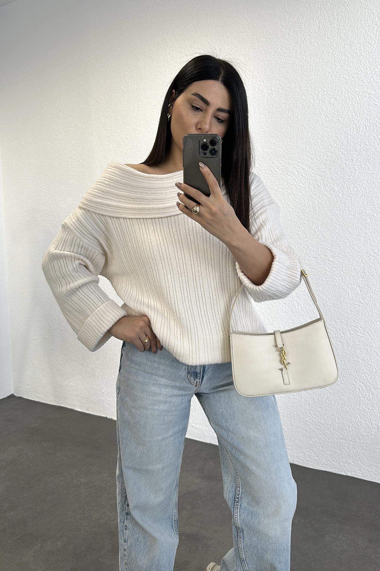 Şal Yaka Tunik Boy Oversize Triko Ekru