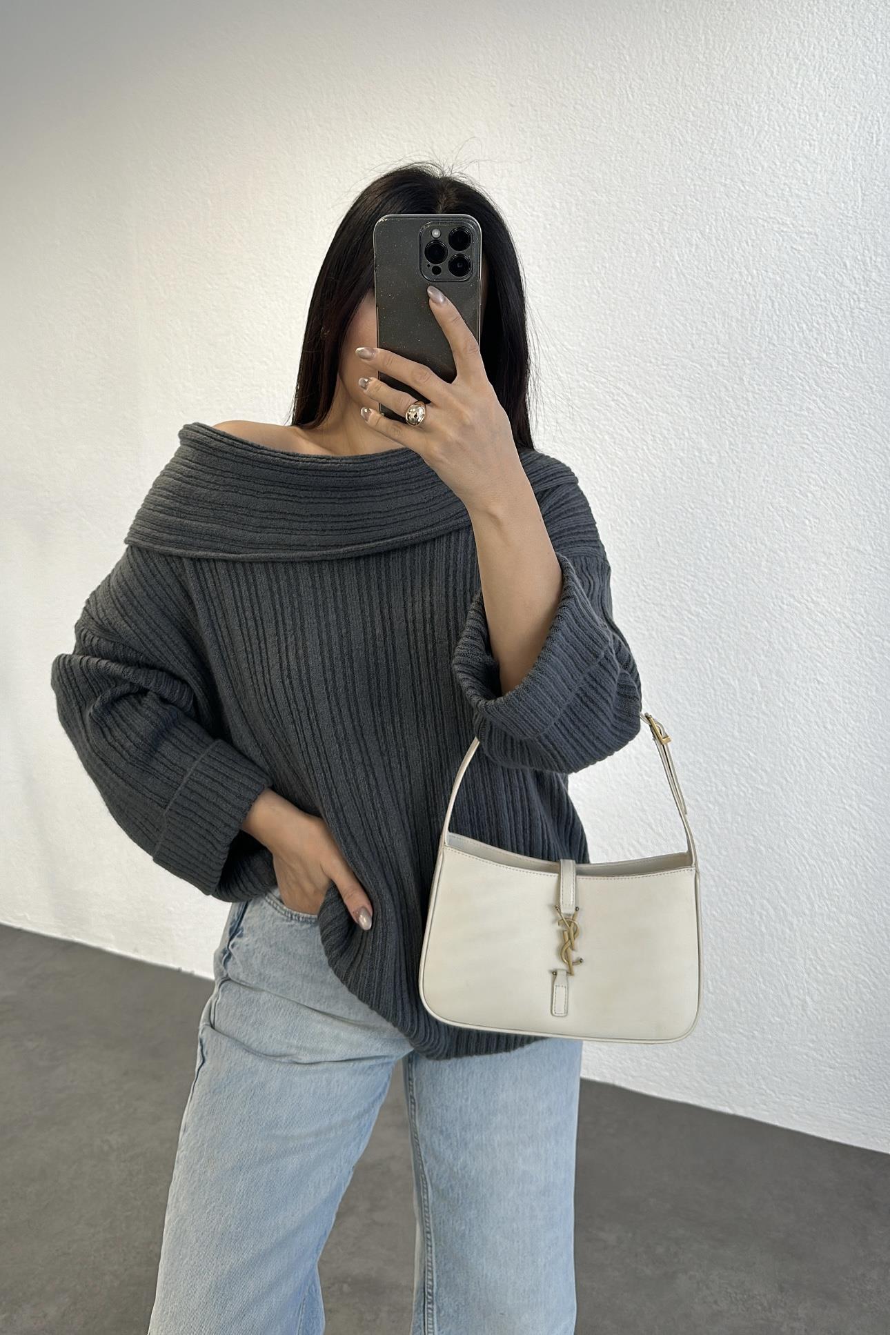 Şal Yaka Tunik Boy Oversize Triko Gri