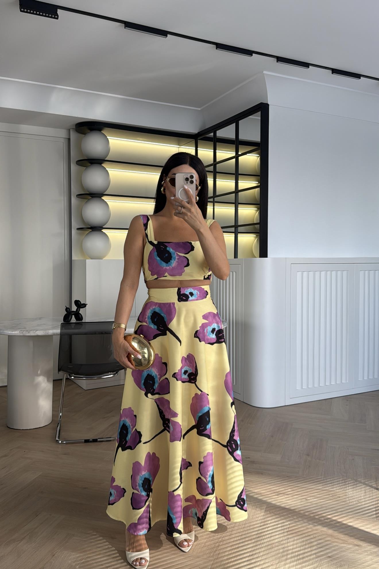 SARI DESENLİ CROP BLUZ ETEK TAKIM