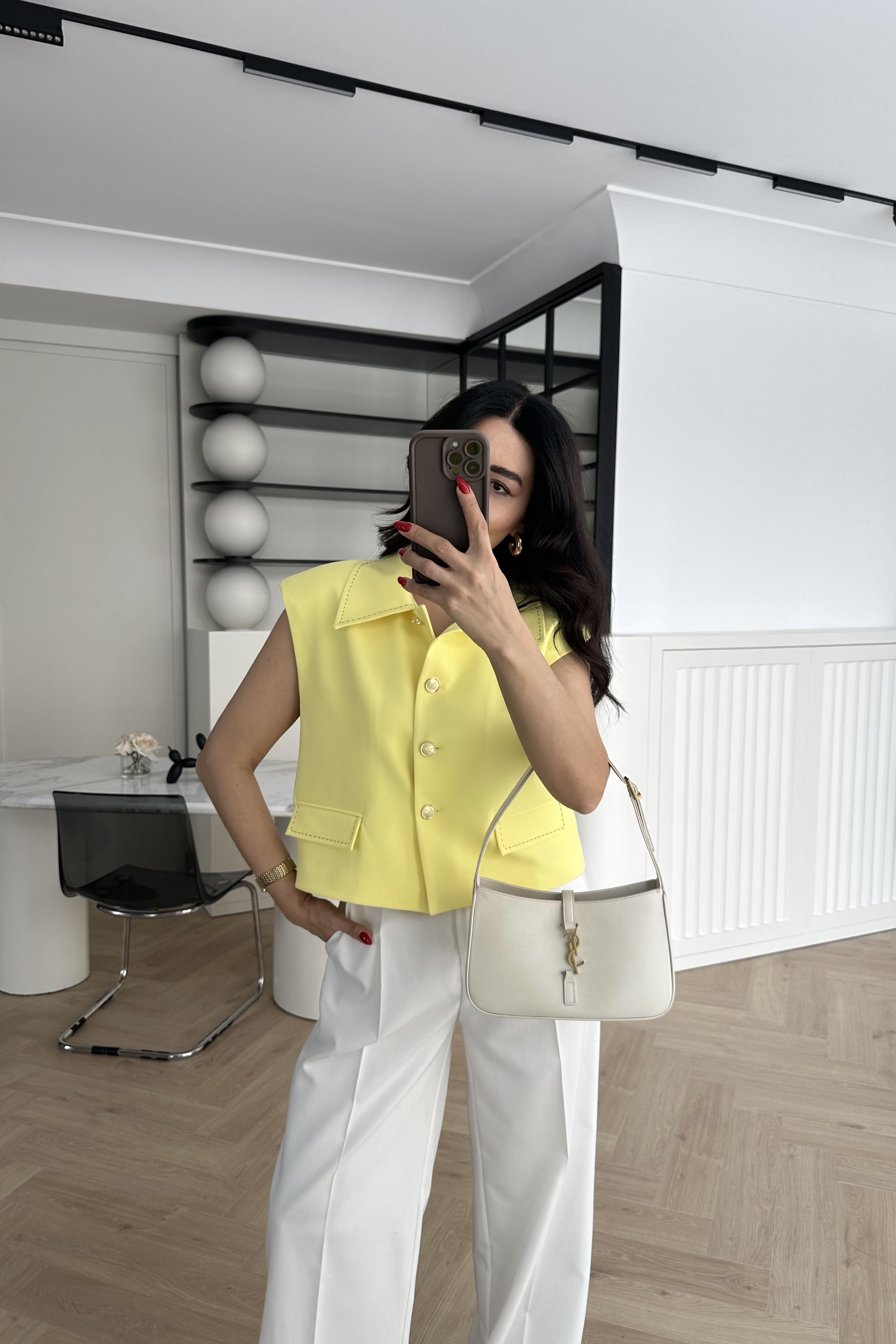 Sarı Gold Düğmeli Astarlı Crop Yelek